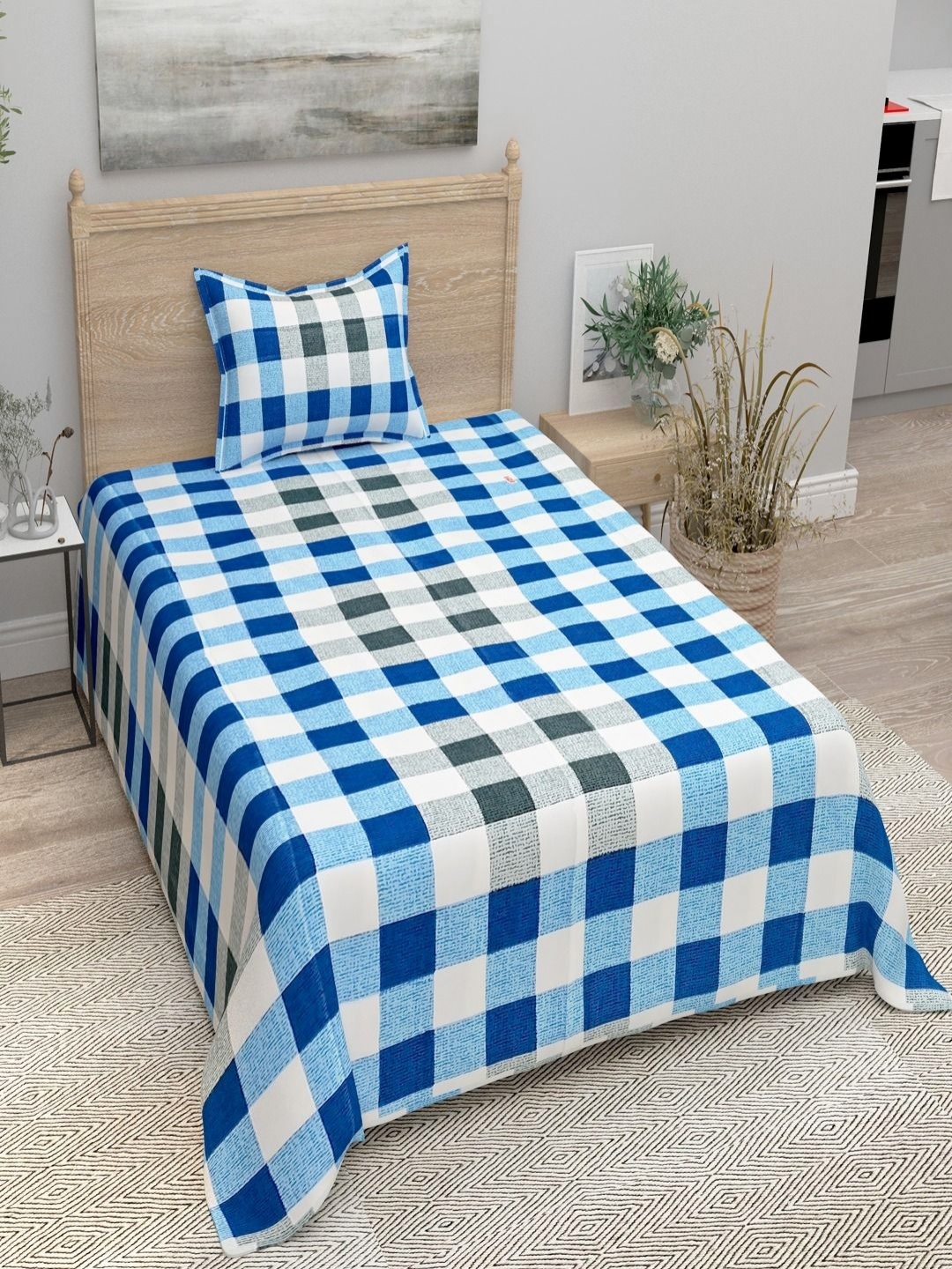 

Aura Blue & White Striped 144 TC Single Bedsheet with 1 Pillow Covers