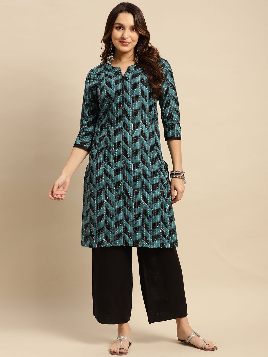 

Rangita Geometric Printed Pure Cotton Knee Length Straight Kurtas, Blue