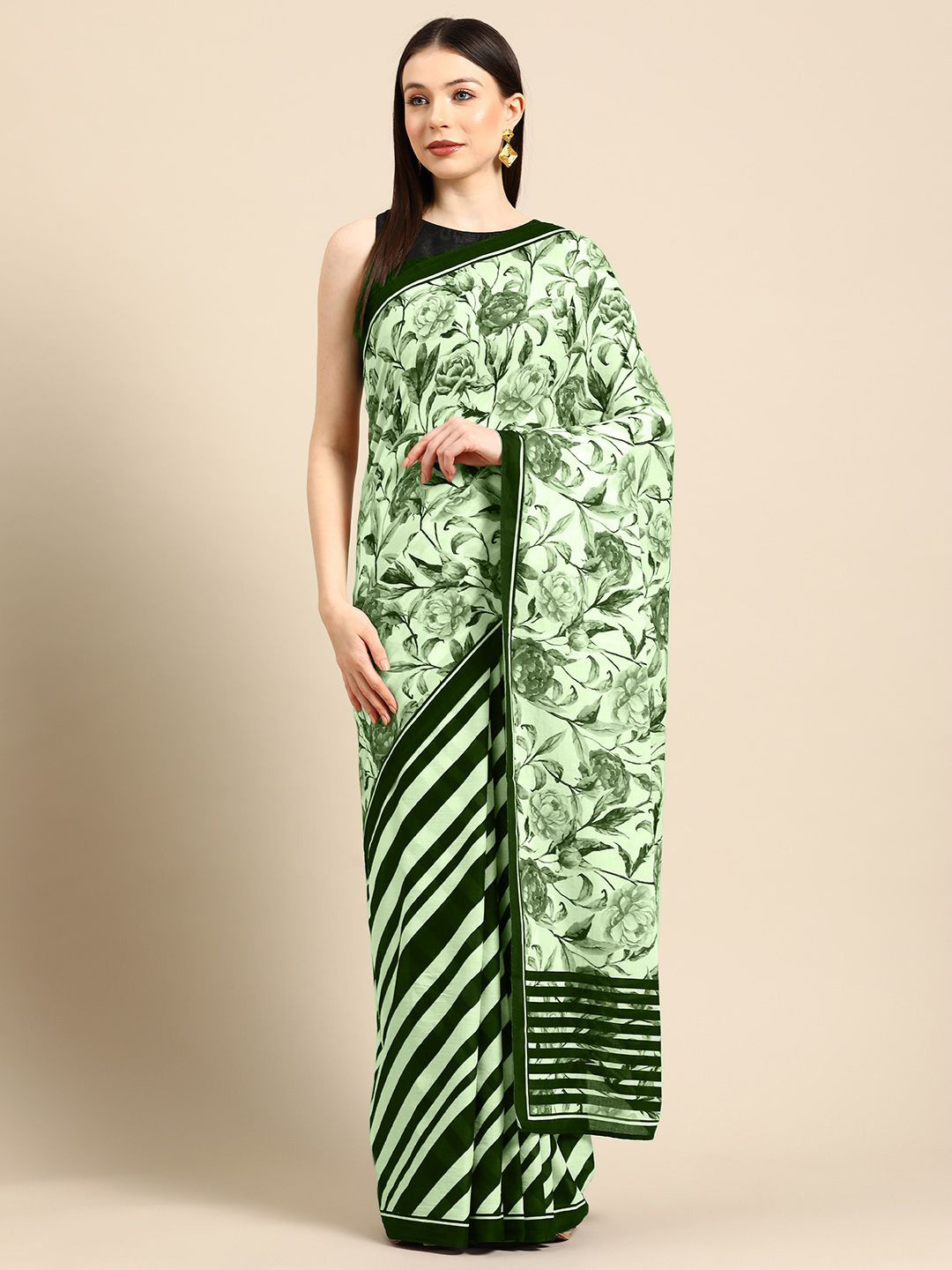 

BUTA BUTI Floral Printed Pure Cotton Saree, Green