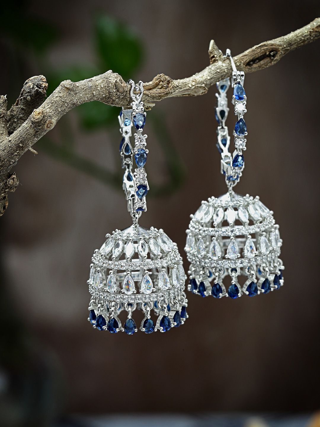 

ZENEME Rhodium-Plated American Diamond Studded Contemporary Jhumkas Earring, Blue