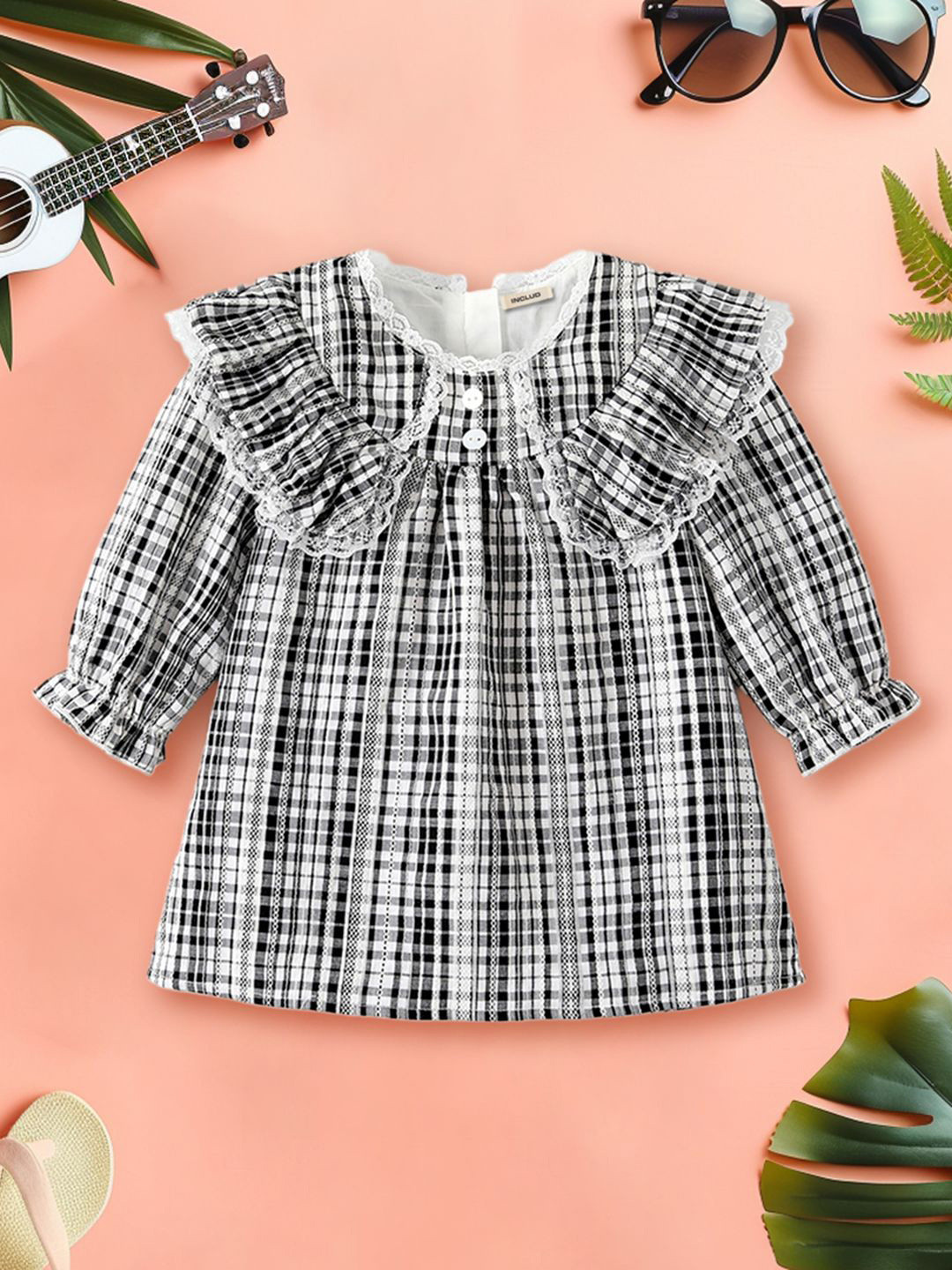 

INCLUD Girls Checked Puff Sleeve A-Line Dress, Black