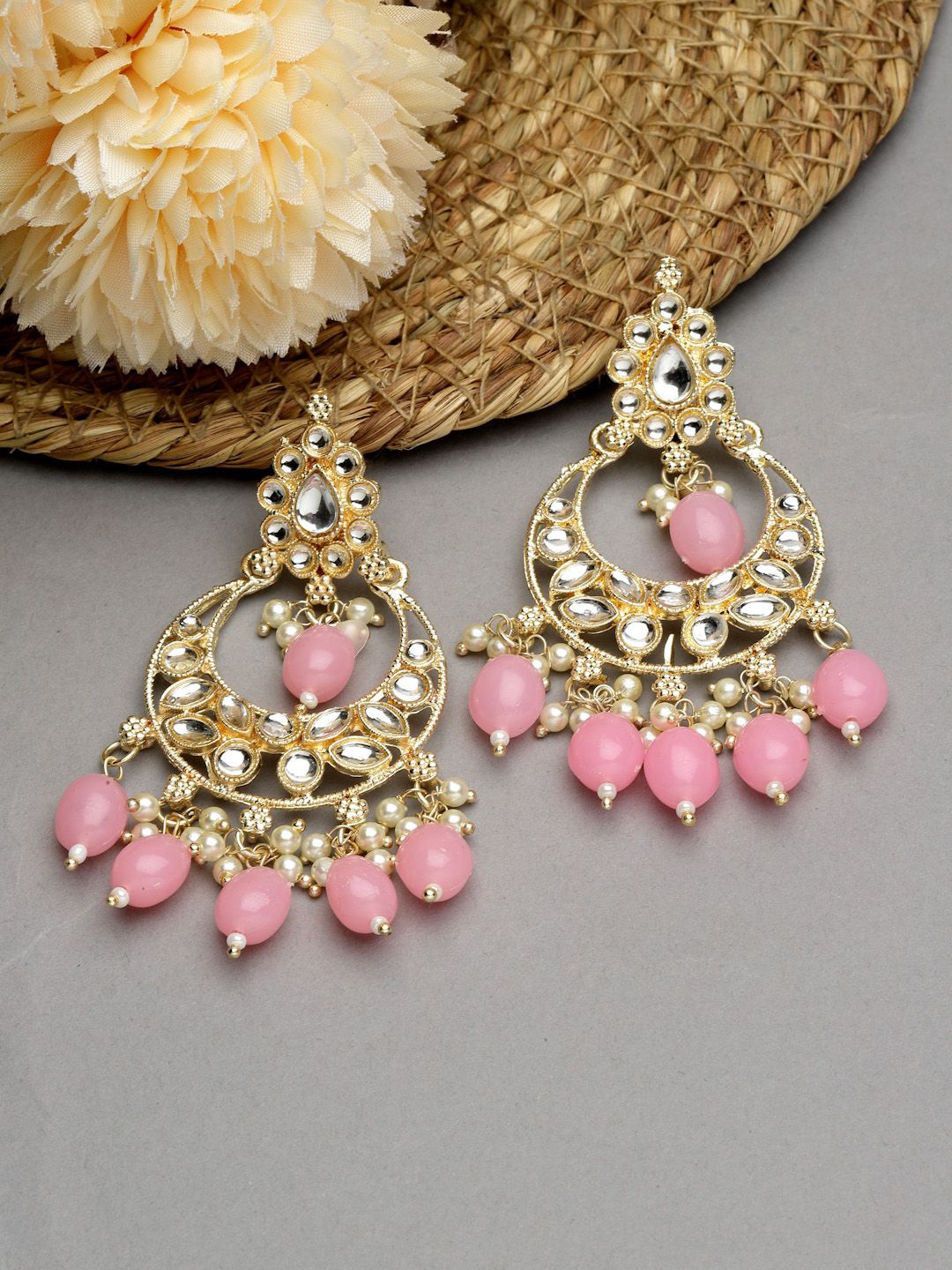 

ZENEME Gold-Plated Teardrop Shaped Chandbalis Earrings, Pink