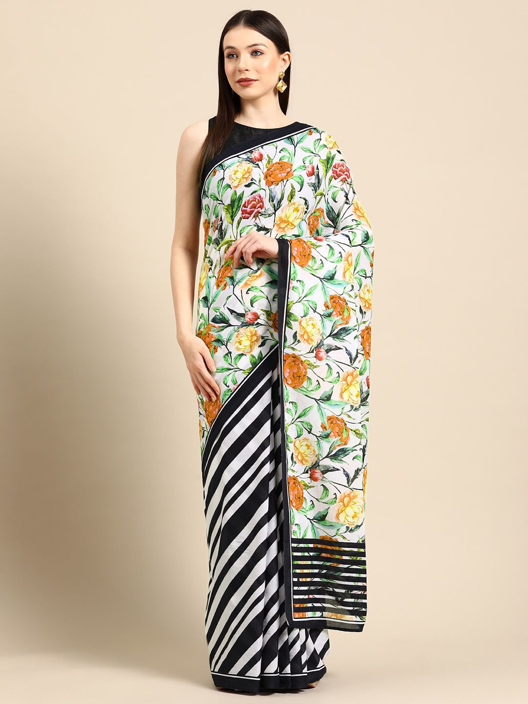 

BUTA BUTI Floral Pure Cotton Saree, White