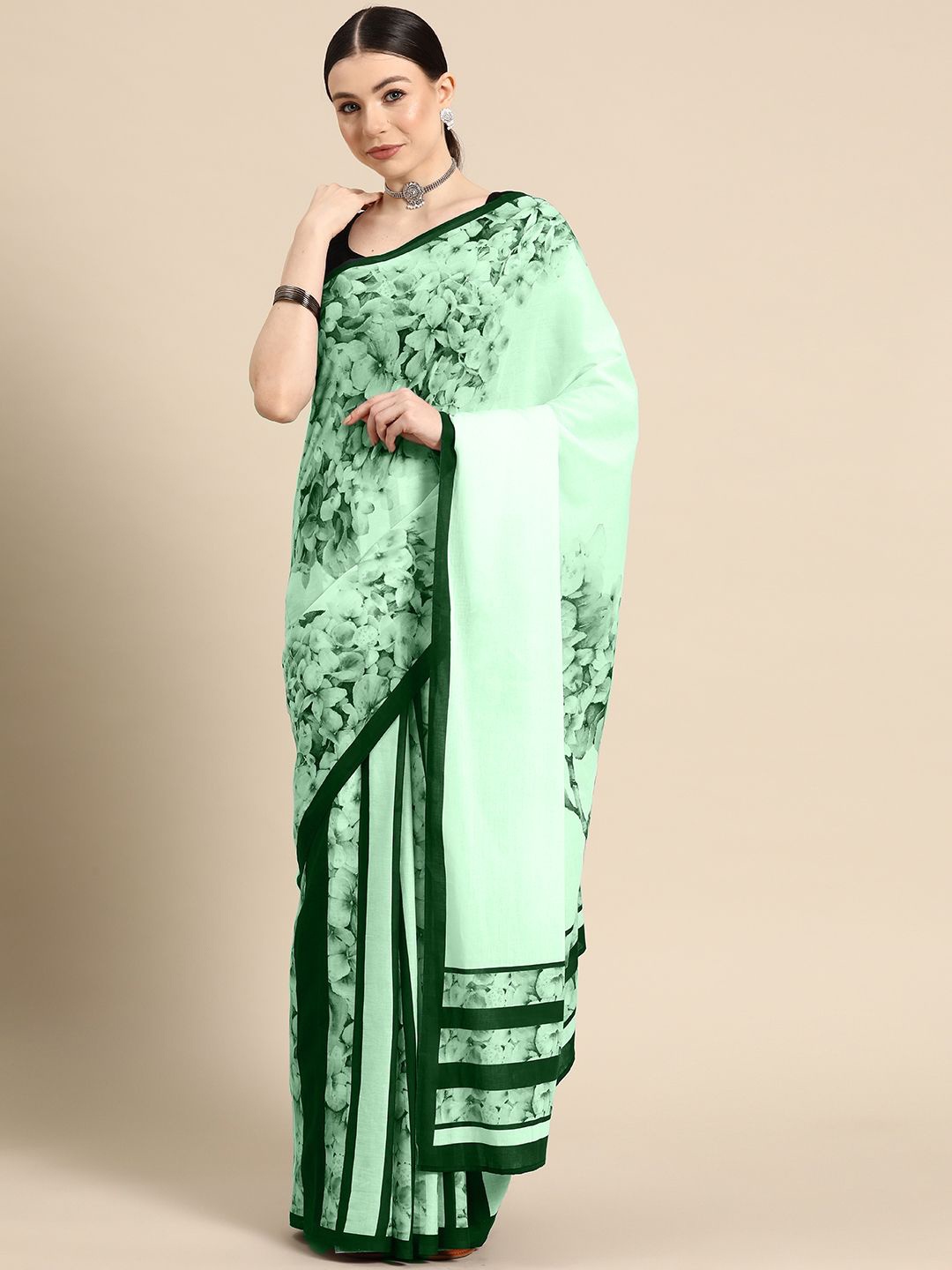 

BUTA BUTI Floral Pure Cotton Saree, Green