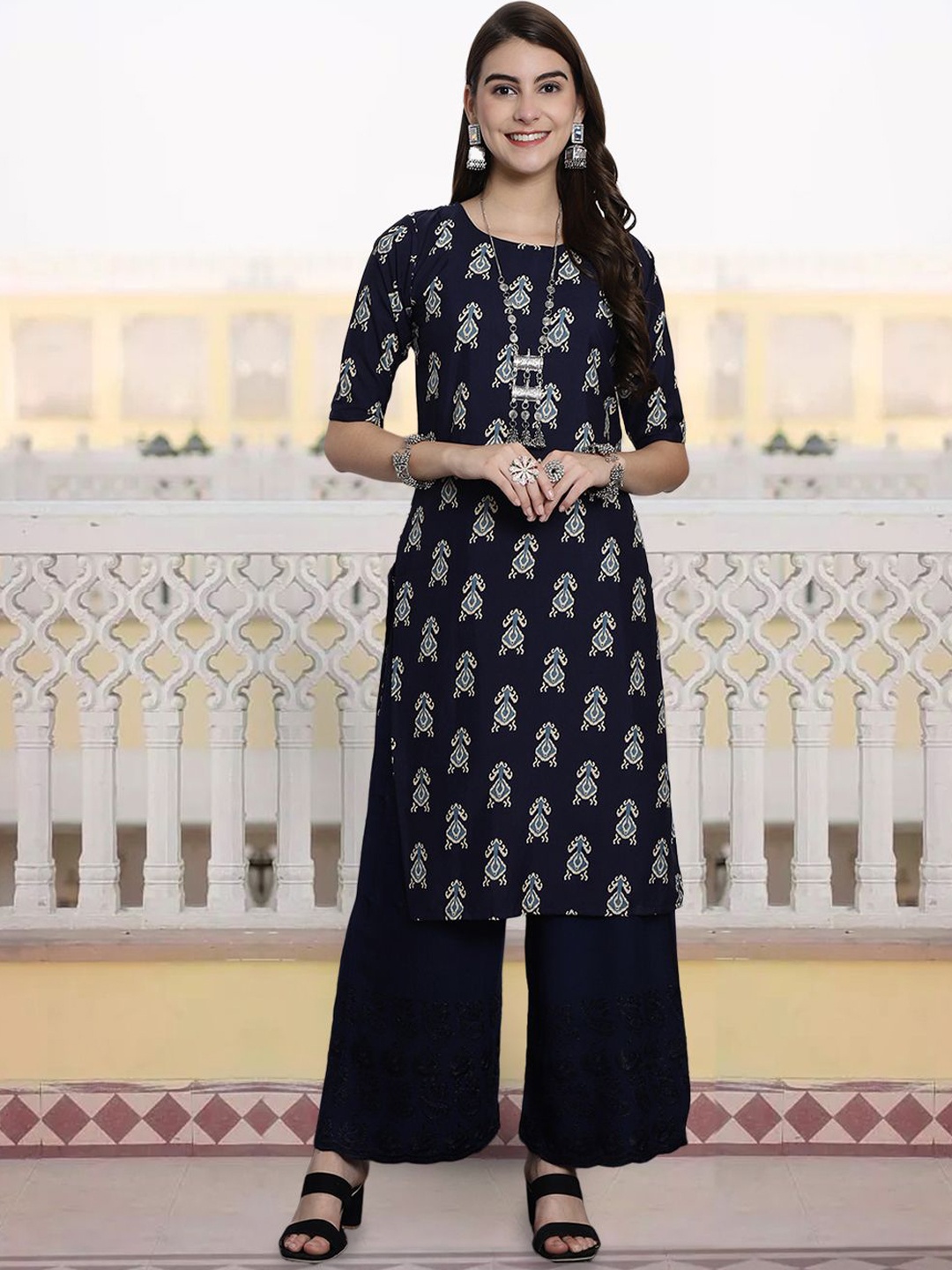 

7Threads Ethnic Motifs Printed Round Neck Straight Kurta, Navy blue