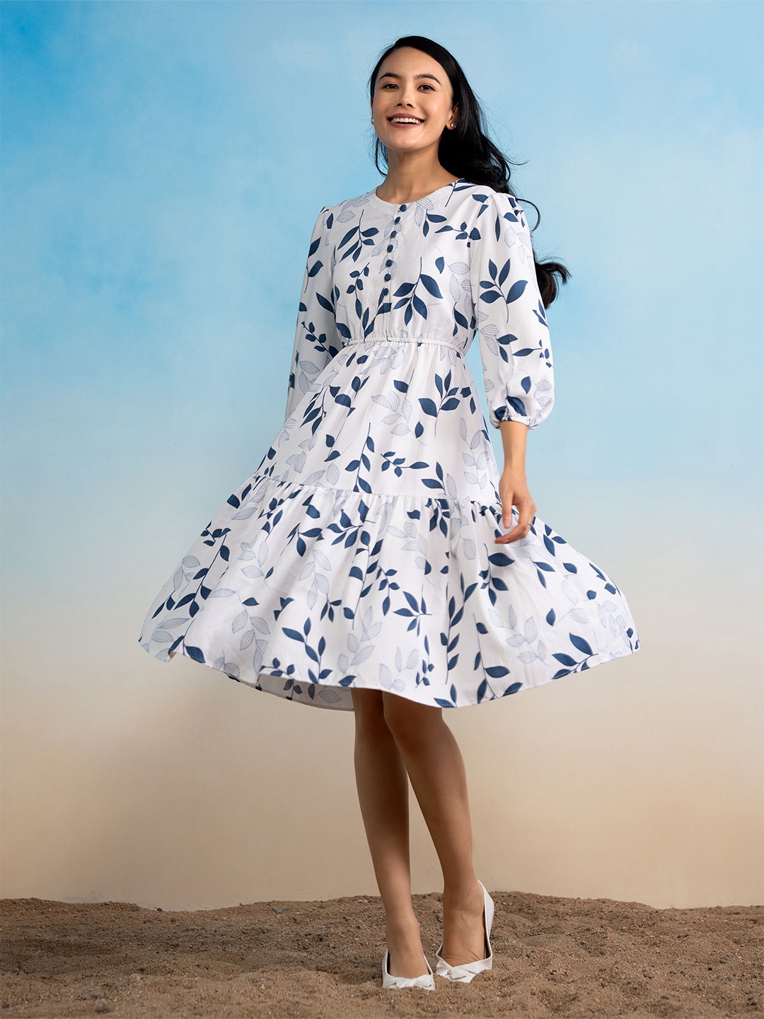 

DressBerry Floral Print Puff Sleeve Crepe Fit & Flare Dress, Teal