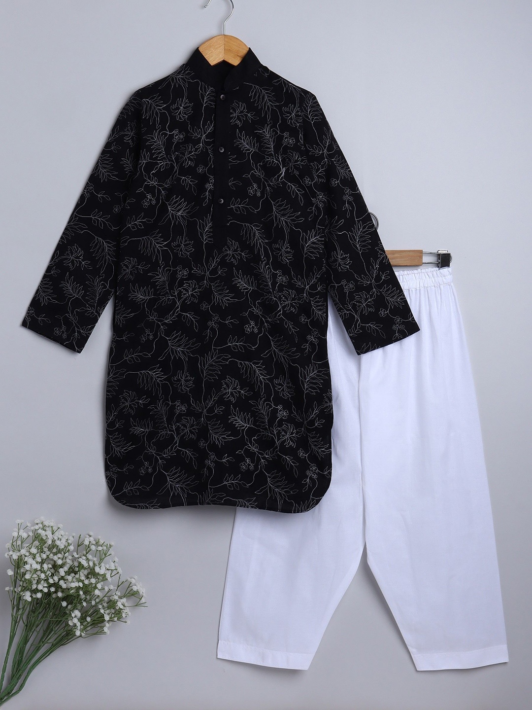 

Little Clothings Boys Floral Embroidered Thread Work Linen Straight Kurta With Salwar, Black