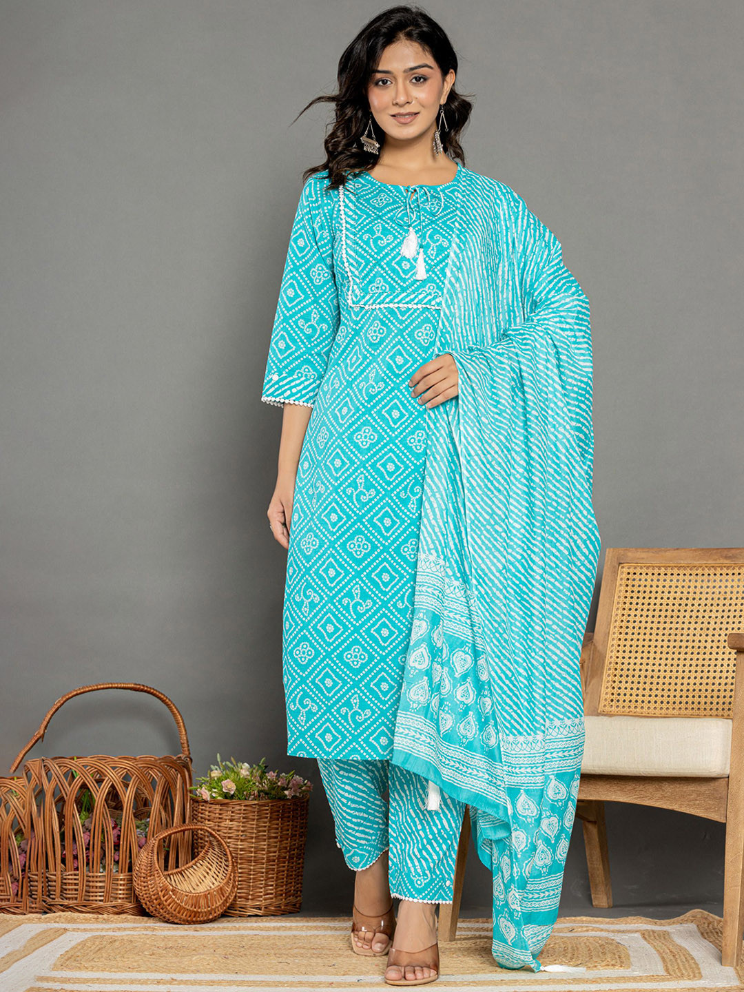 

Rouhab Bandhani Printed Thread Work Tie-Up Neck Pure Cotton Kurta with Trousers & Dupatta, Blue