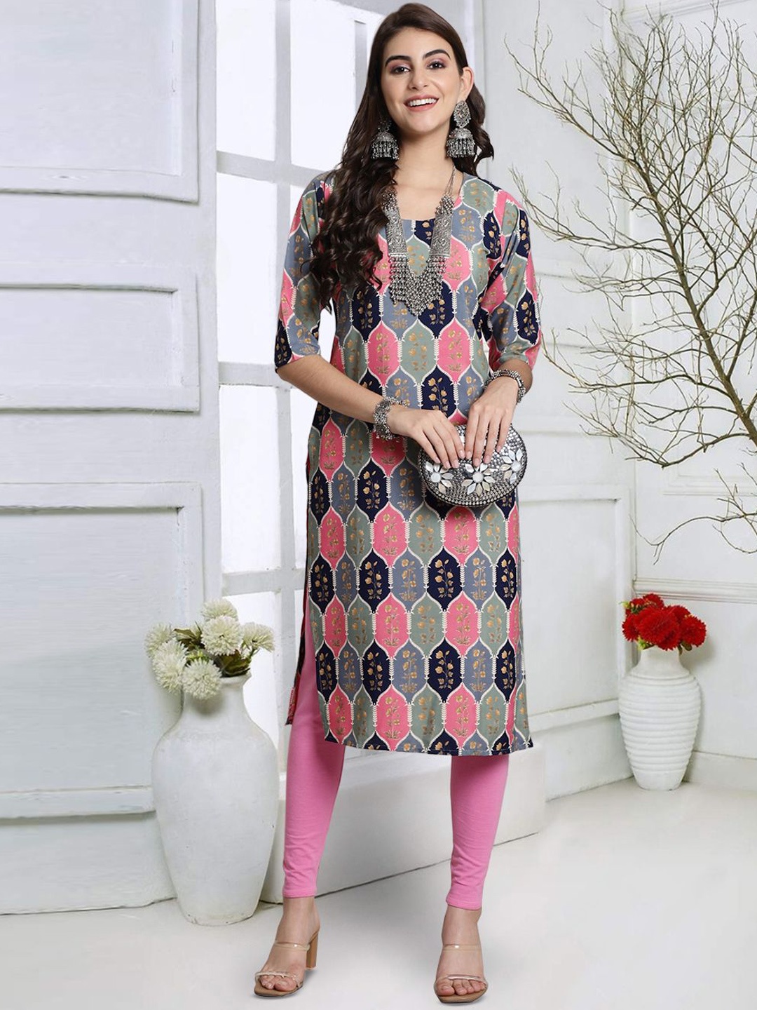 

7Threads Ethnic Motifs Printed Round Neck Straight Kurta, Navy blue