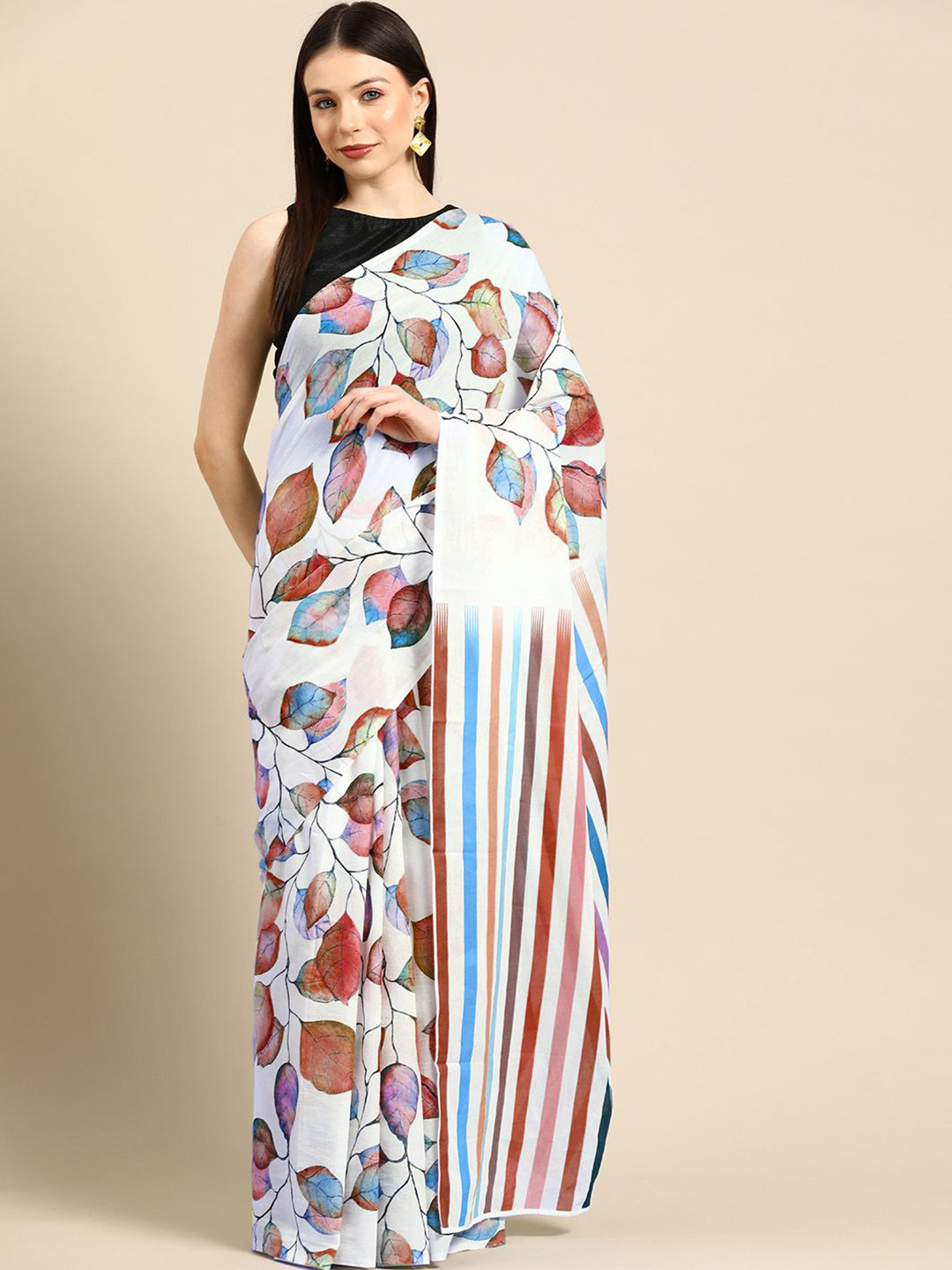 

BUTA BUTI Floral Printed Pure Cotton Saree, Off white
