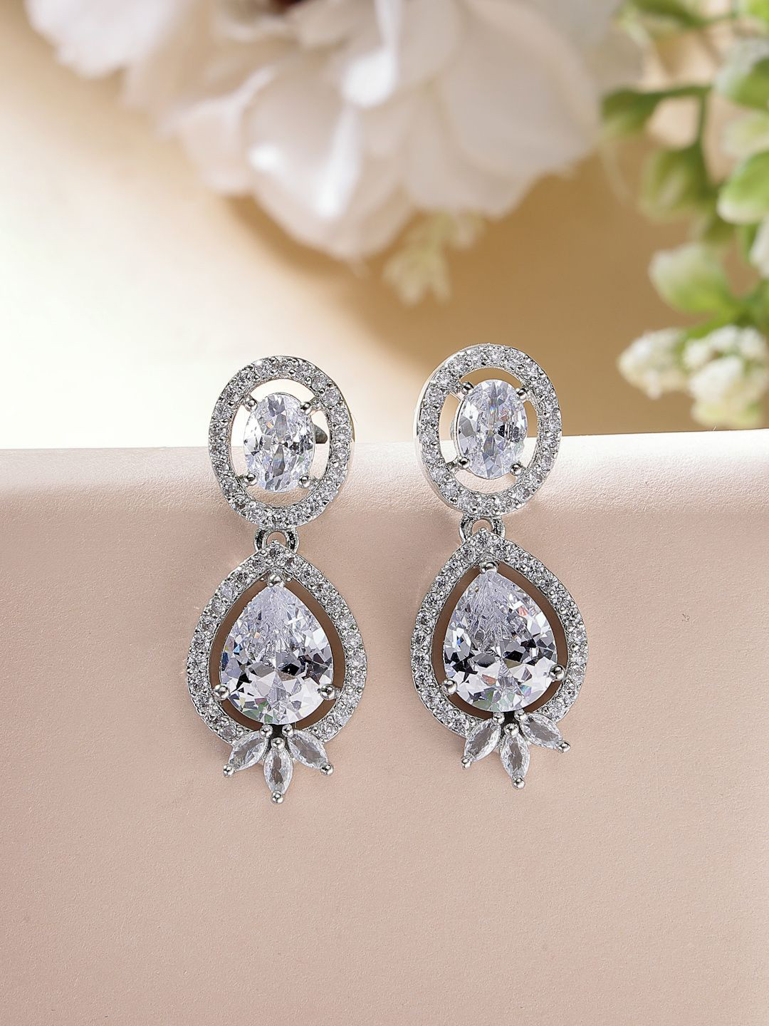

ZENEME Rhodium Plated Teardrop Shaped American Diamond Drop Earrings, White