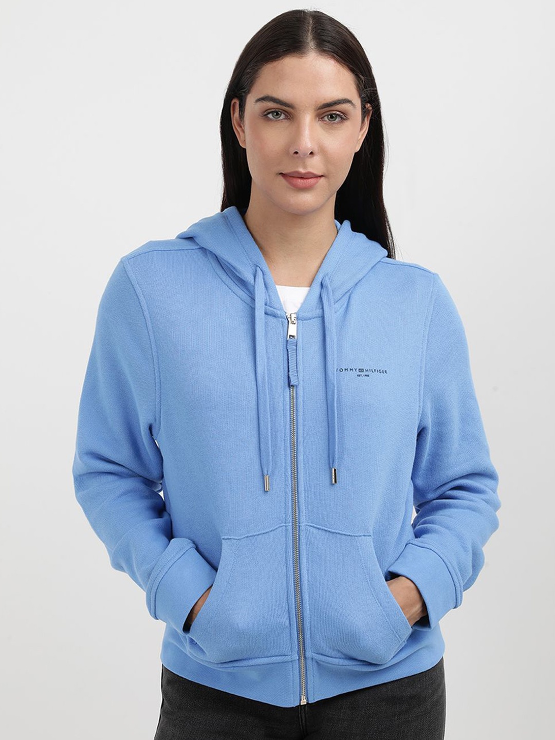 

Tommy Hilfiger Women Solid Hooded Zip Sweatshirt, Blue