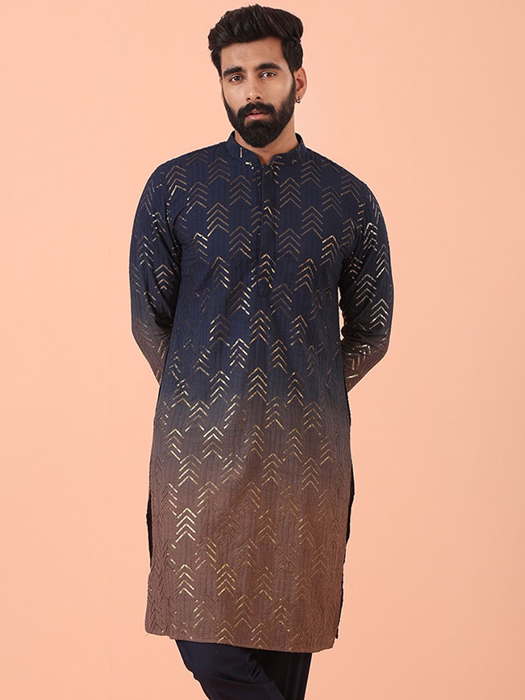 

KISAH Men Embellished Regular Fit Sequinned Kurta, Navy blue