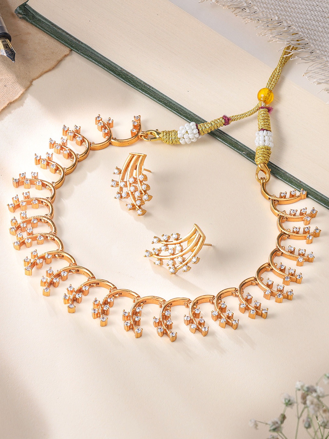 

Vriksham Brass-Plated Stone Studded & Beaded Jewellery Set, Gold