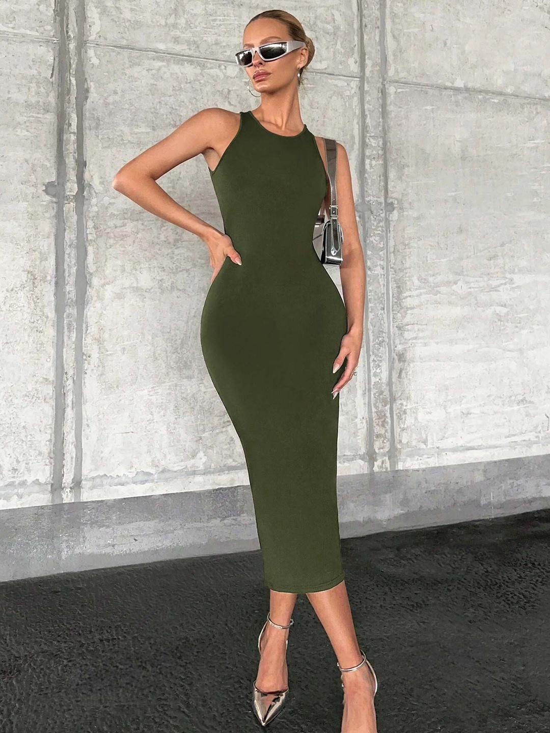 

Stylecast X Slyck Solid Round Neck Bodycon Midi Dress, Olive