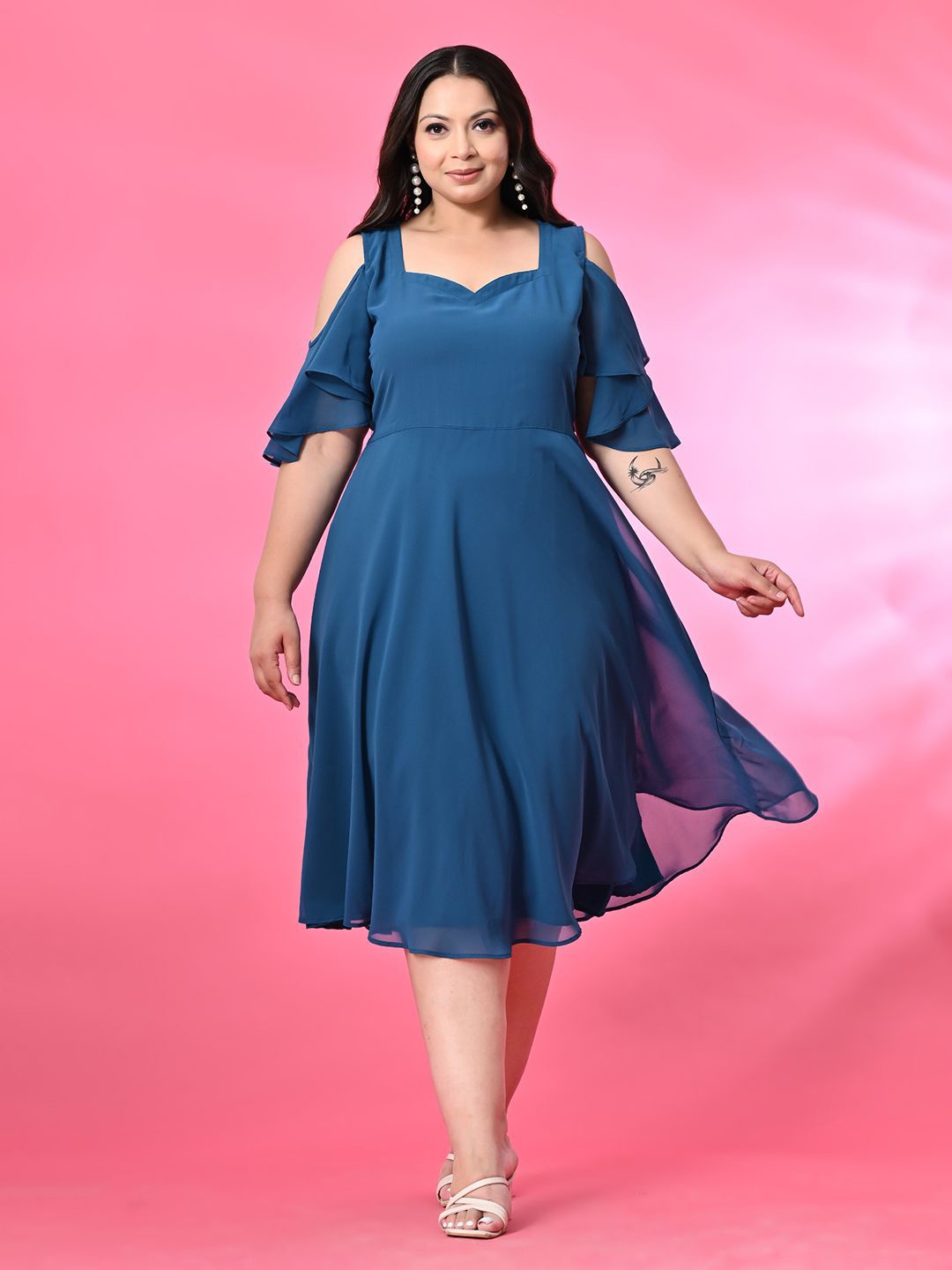 

PrettyPlus by Desinoor.com Plus Size Cold-Shoulder Georgette Fit & Flare Dress, Blue