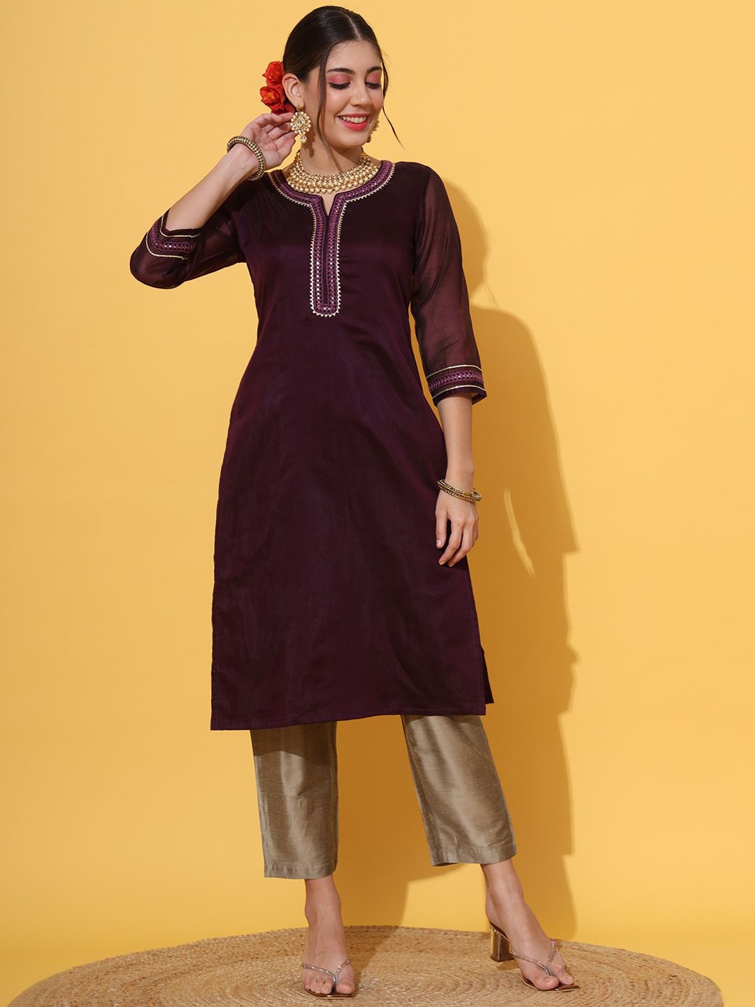 

DECKEDUP Gotta Patti Chanderi Cotton Straight Kurta With Trouser, Maroon