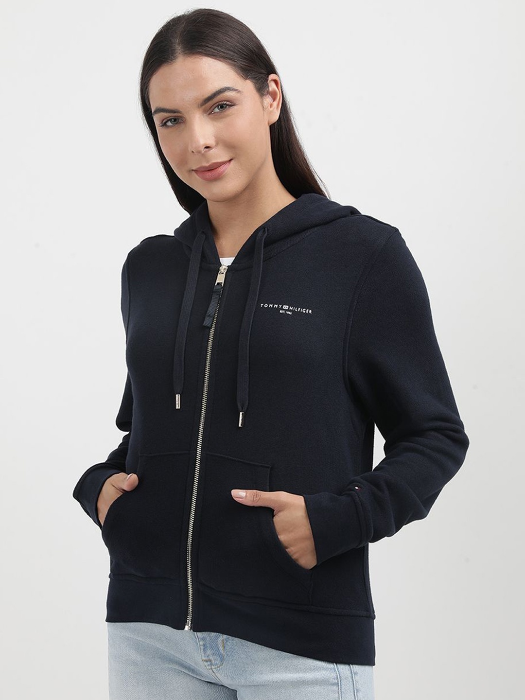 

Tommy Hilfiger Women Solid Hooded Zip Sweatshirt, Navy blue