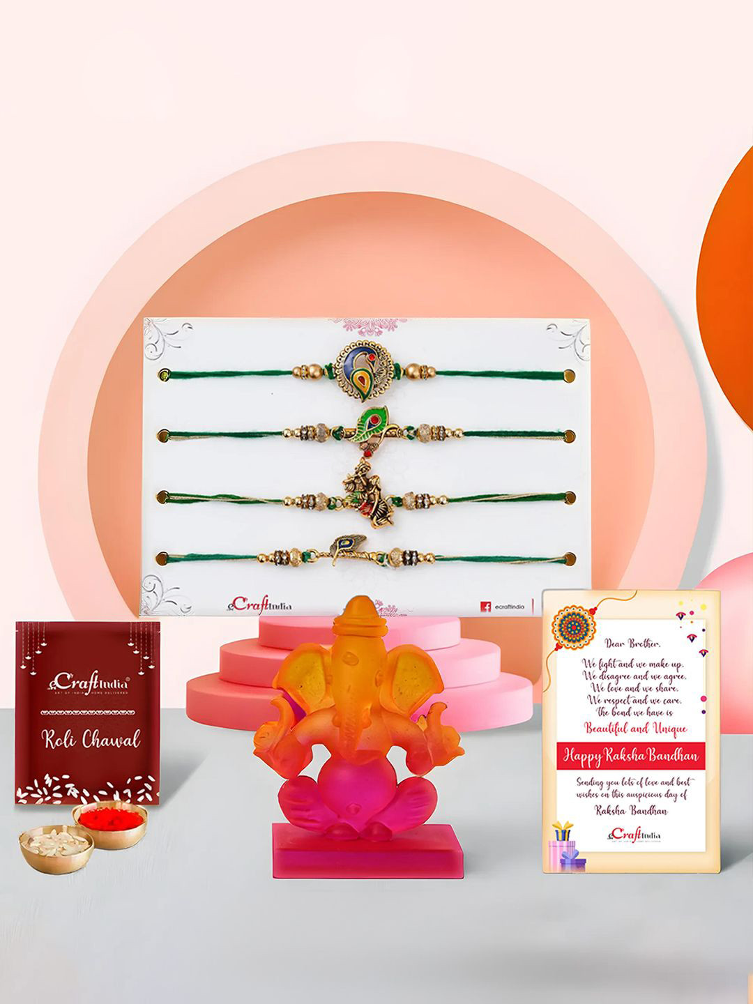 

eCraftIndia Set Of 5 Rakhi With Idol Gift Set, Gold