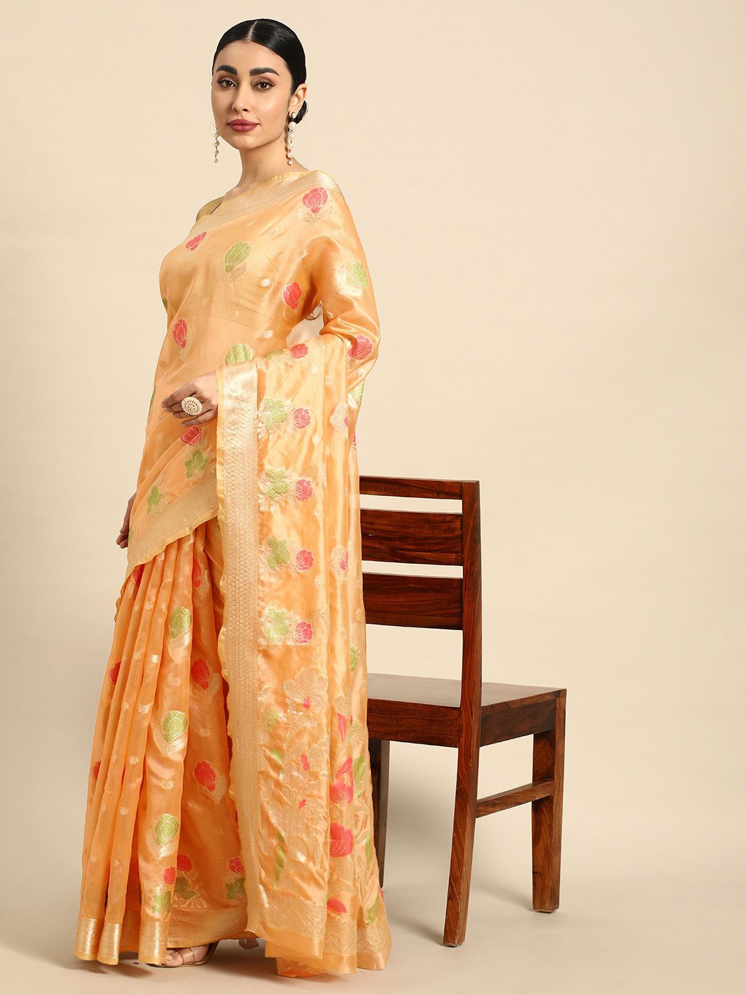 

KIMISHA Woven Design Zari Organza Kanjeevaram Saree, Orange