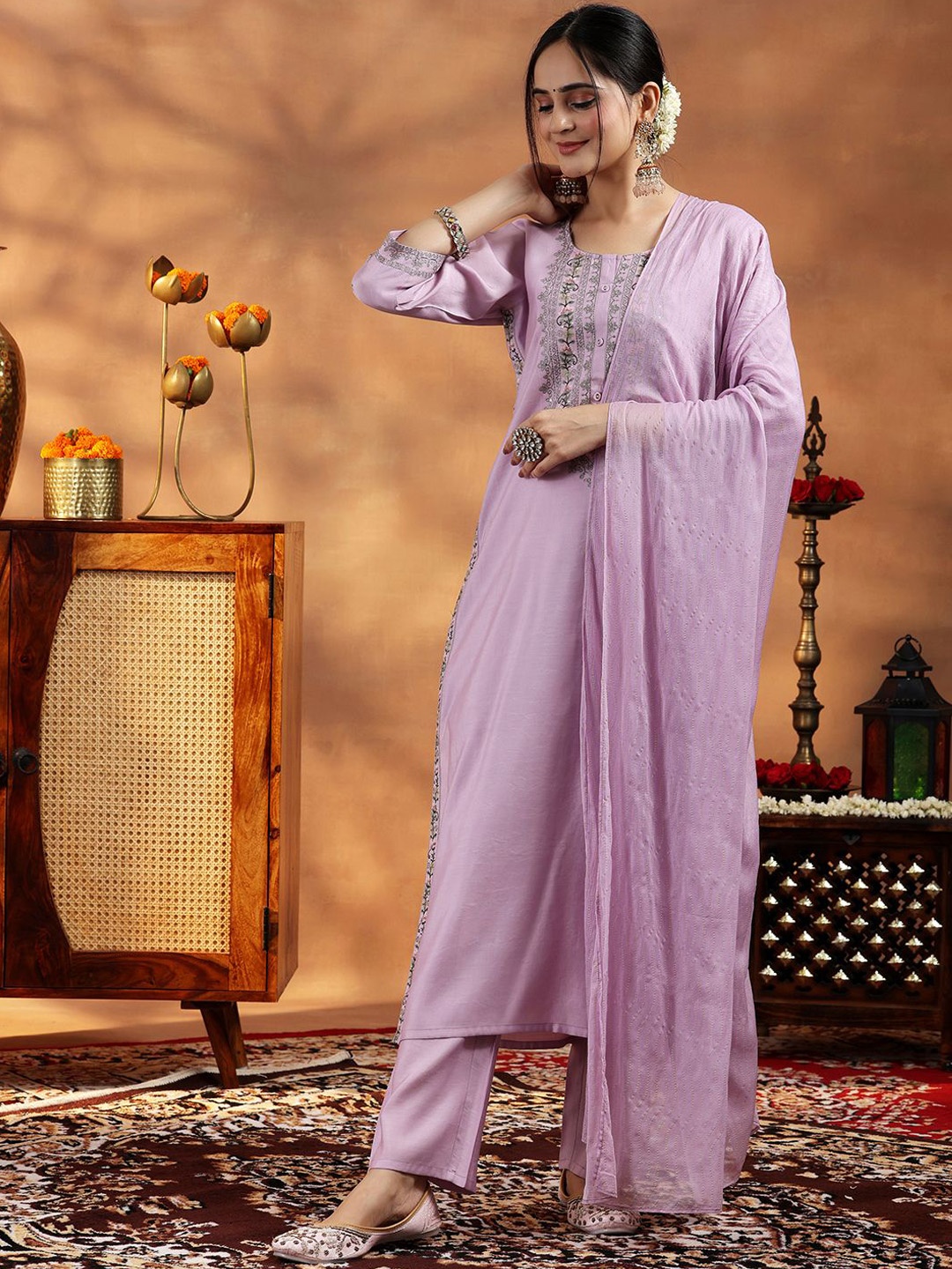 

Libas Floral Embroidered Sequinned Straight Kurta With Trousers & Dupatta, Lavender