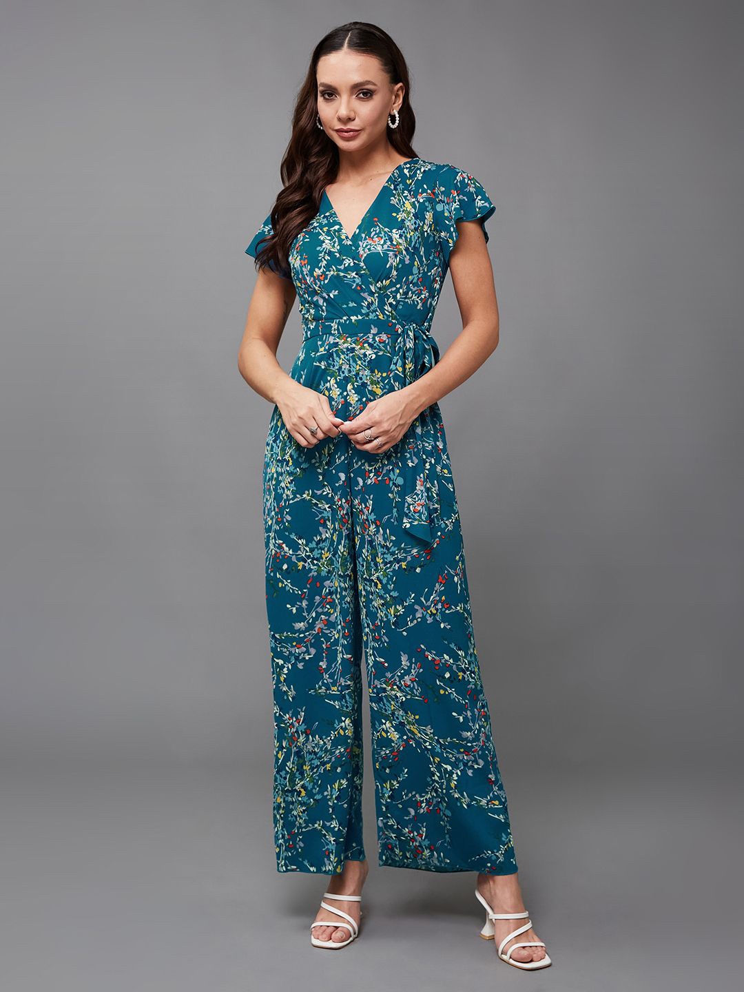 

Miss Chase Women V-Neck Short Sleeve Floral Wrap Regular-Length Jumpsuit, Turquoise blue