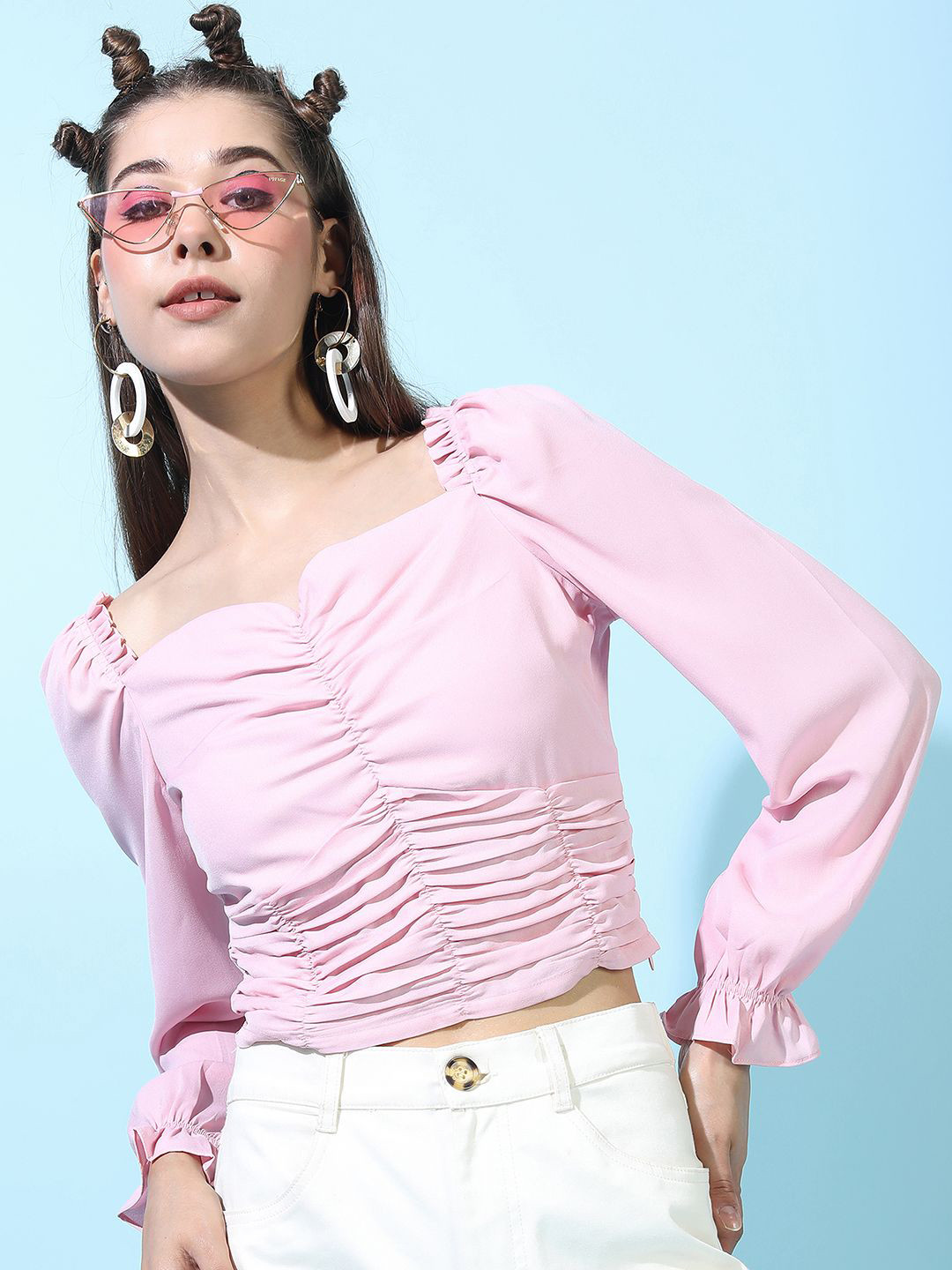 

Tokyo Talkies Sweetheart Neck Bishop Sleeves Crop Top, Pink