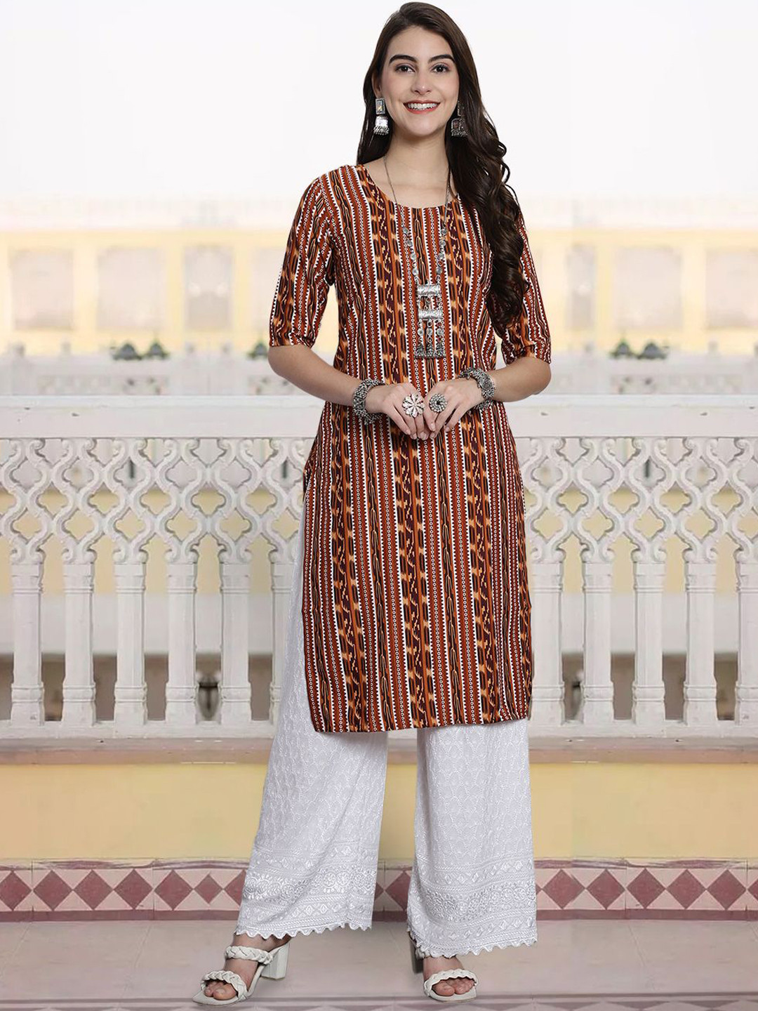 

7Threads Geometric Printed Round Neck Straight Kurta, Brown