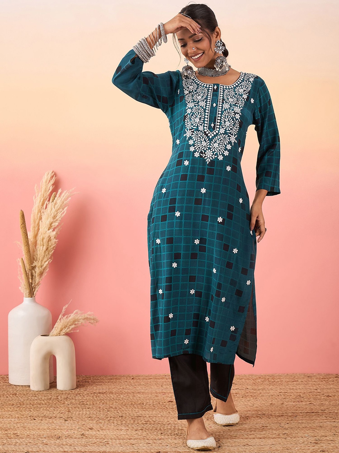 

Madhuni Embroidered Thread Work Straight Kurta with Trousers, Turquoise blue