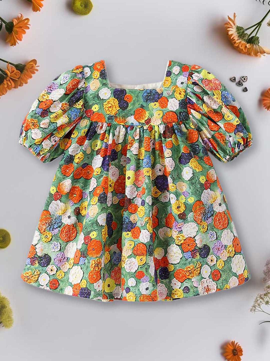 

INCLUD Girls Floral Printed Puff Sleeve Fit & Flare Dress, Green