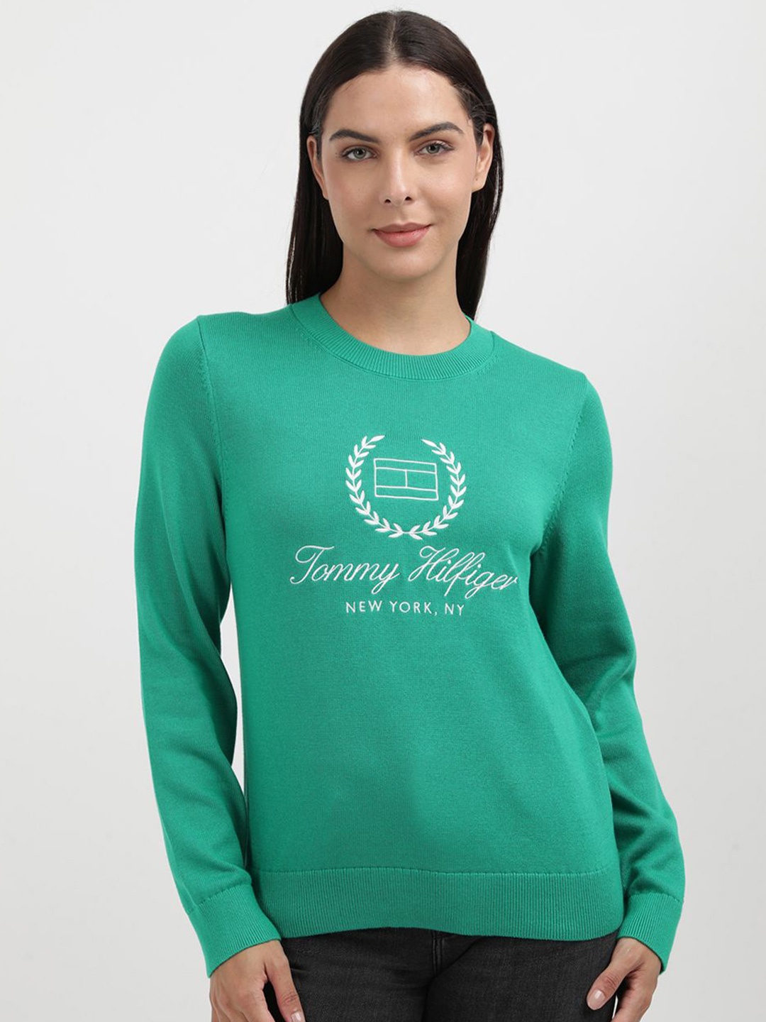 

Tommy Hilfiger Women Embroidered Typography Printed Round Neck Sweatshirt, Green