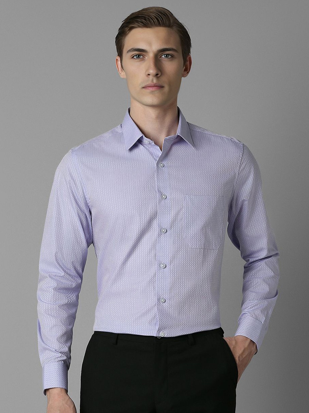 

Louis Philippe Men Spread Collar Geometric Printed Cotton Slim Fit Formal Shirt, Lavender