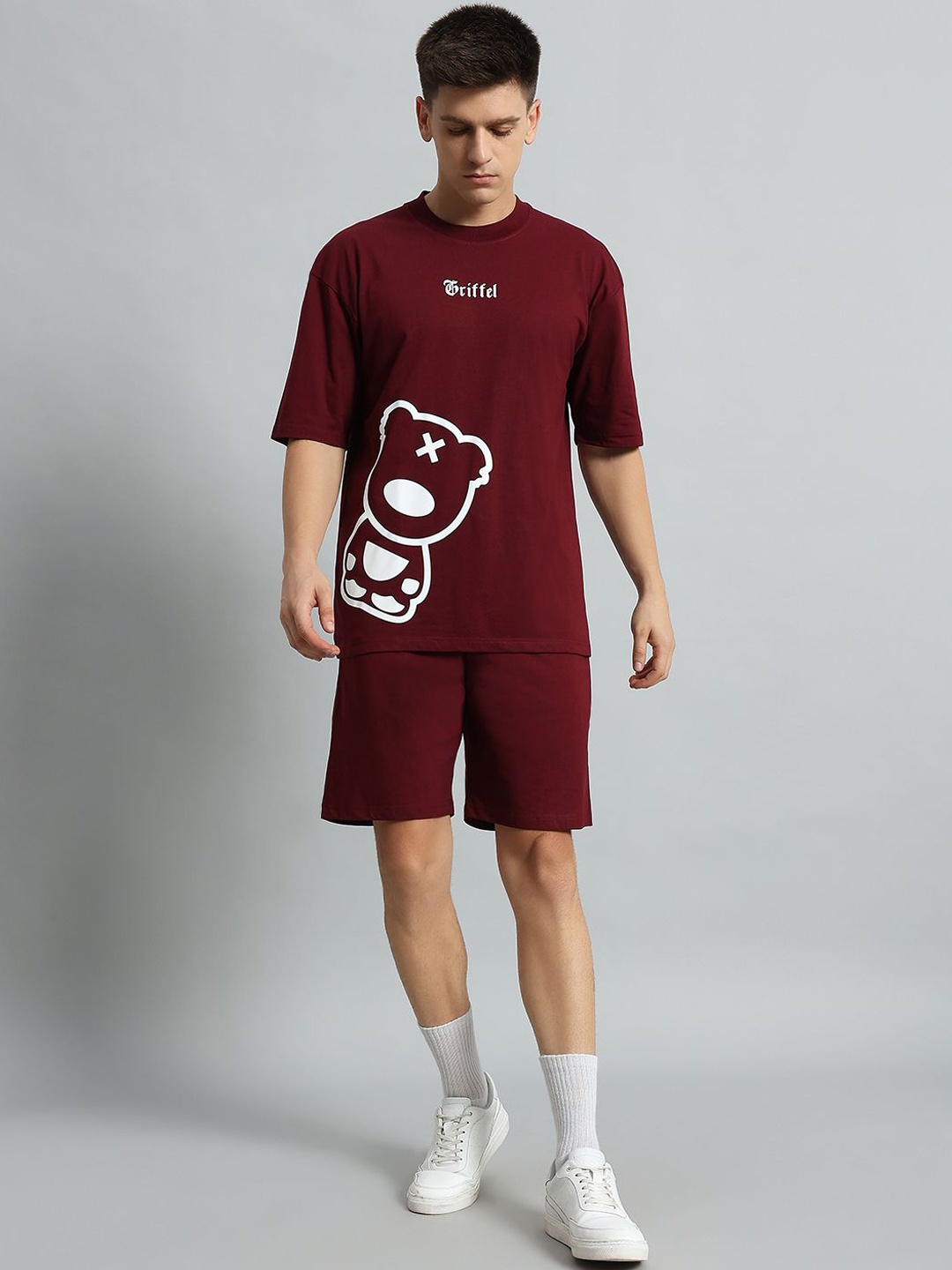 

GRIFFEL Printed Oversized Fit Pure Cotton T-Shirt With Shorts, Maroon