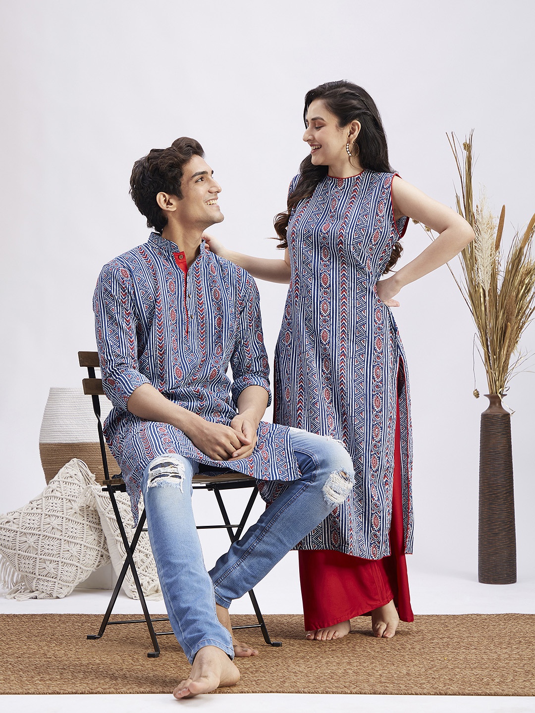 

VASTRAMAY Printed Regular Kantha Work Kurta with Palazzos, Blue