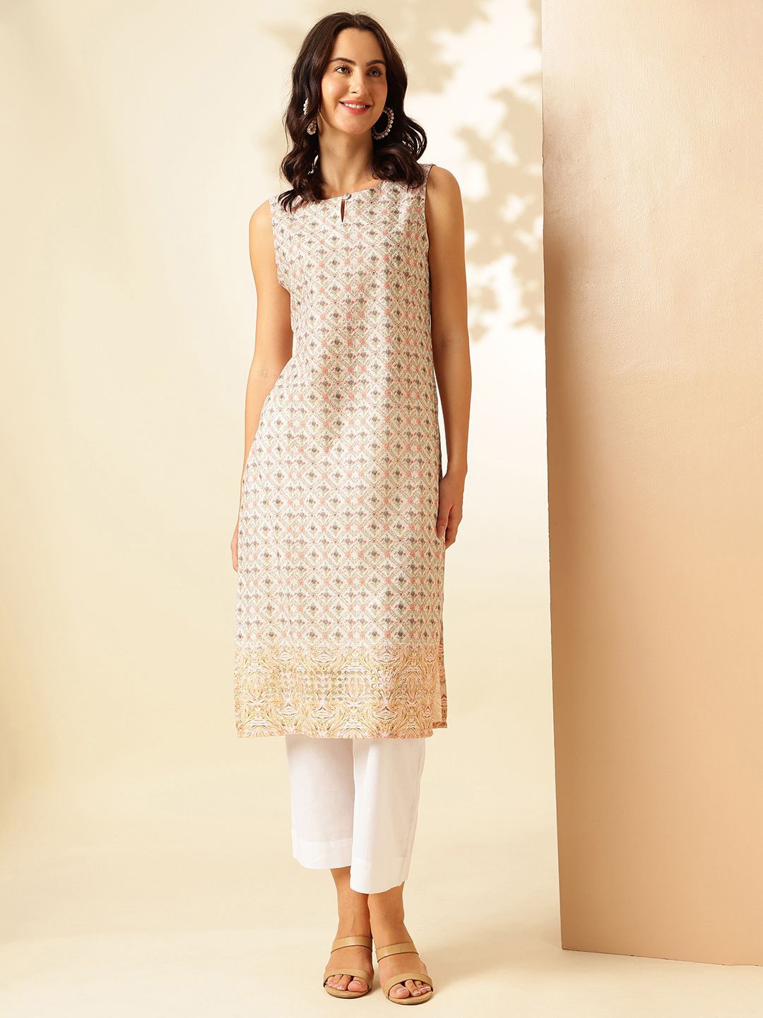 

Anouk Rustic Geometric Printed Keyhole Neck Pure Cotton Straight Kurta, Off white