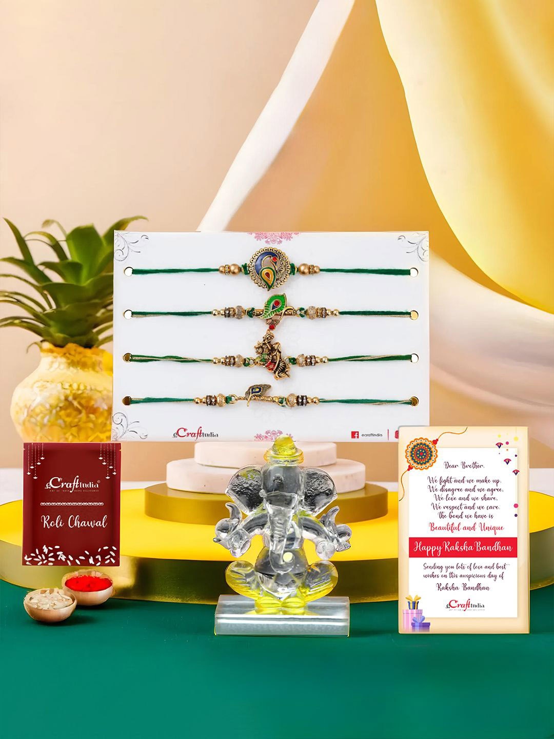 

eCraftIndia Set of 5 Designer Rakhis With Crystal Lord Ganesha Idol, Gold