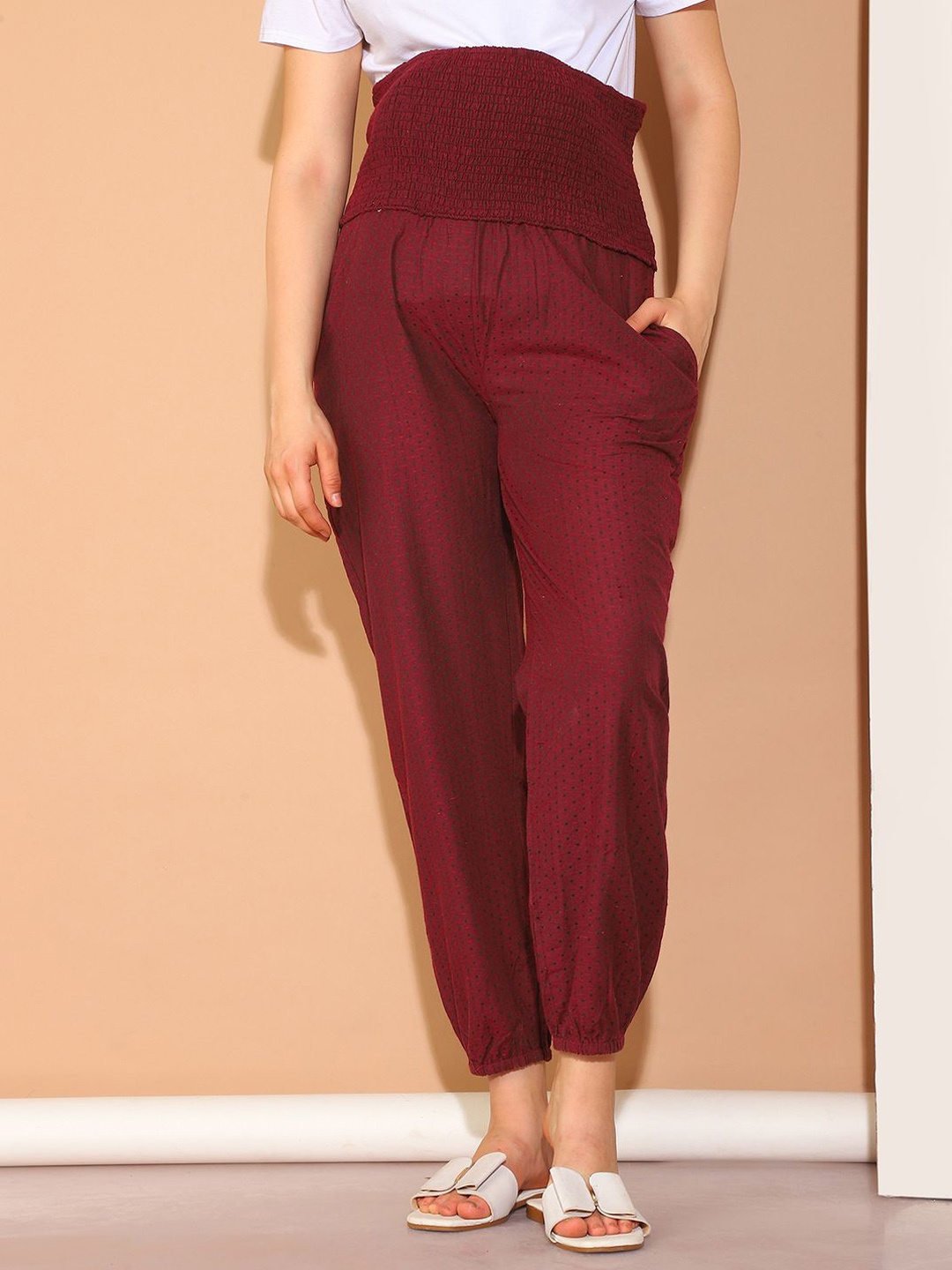 

Moms Maternity Women Polka Dot Comfort High-Rise Easy Wash Trousers, Maroon