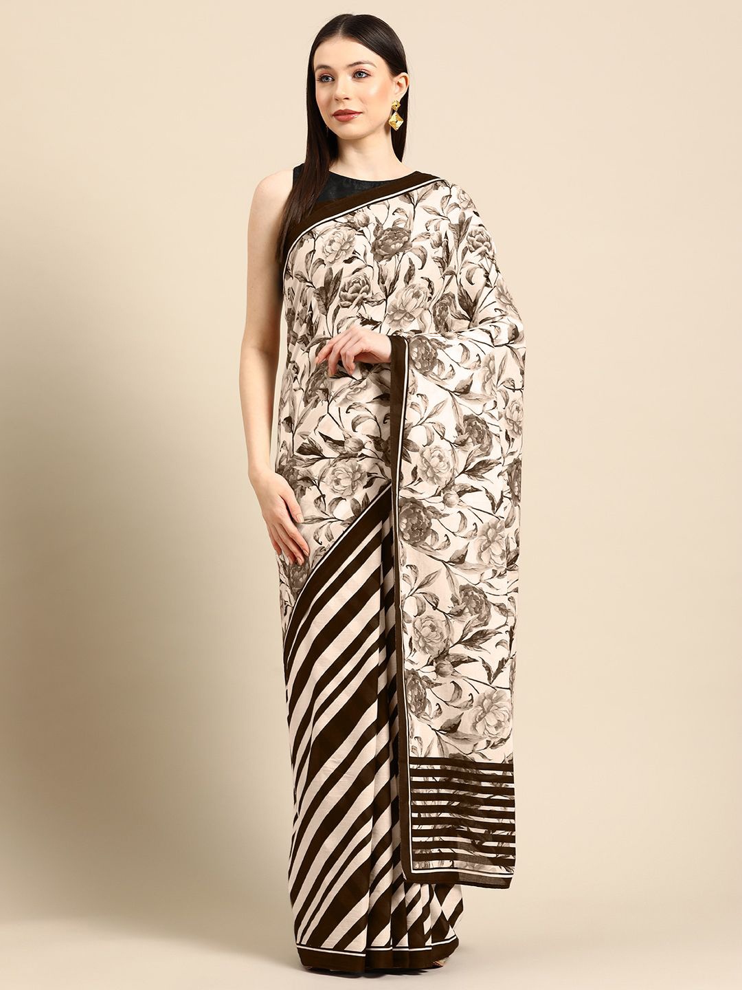 

BUTA BUTI Women Floral Printed Pure Cotton Saree, Coffee brown