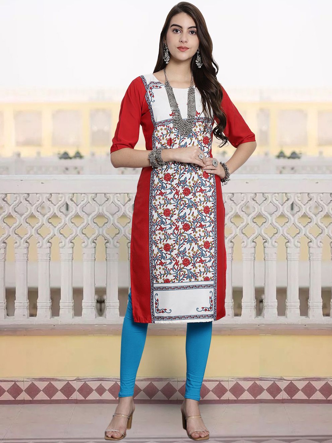 

7Threads Floral Printed Round Neck Crepe Straight Kurta, White