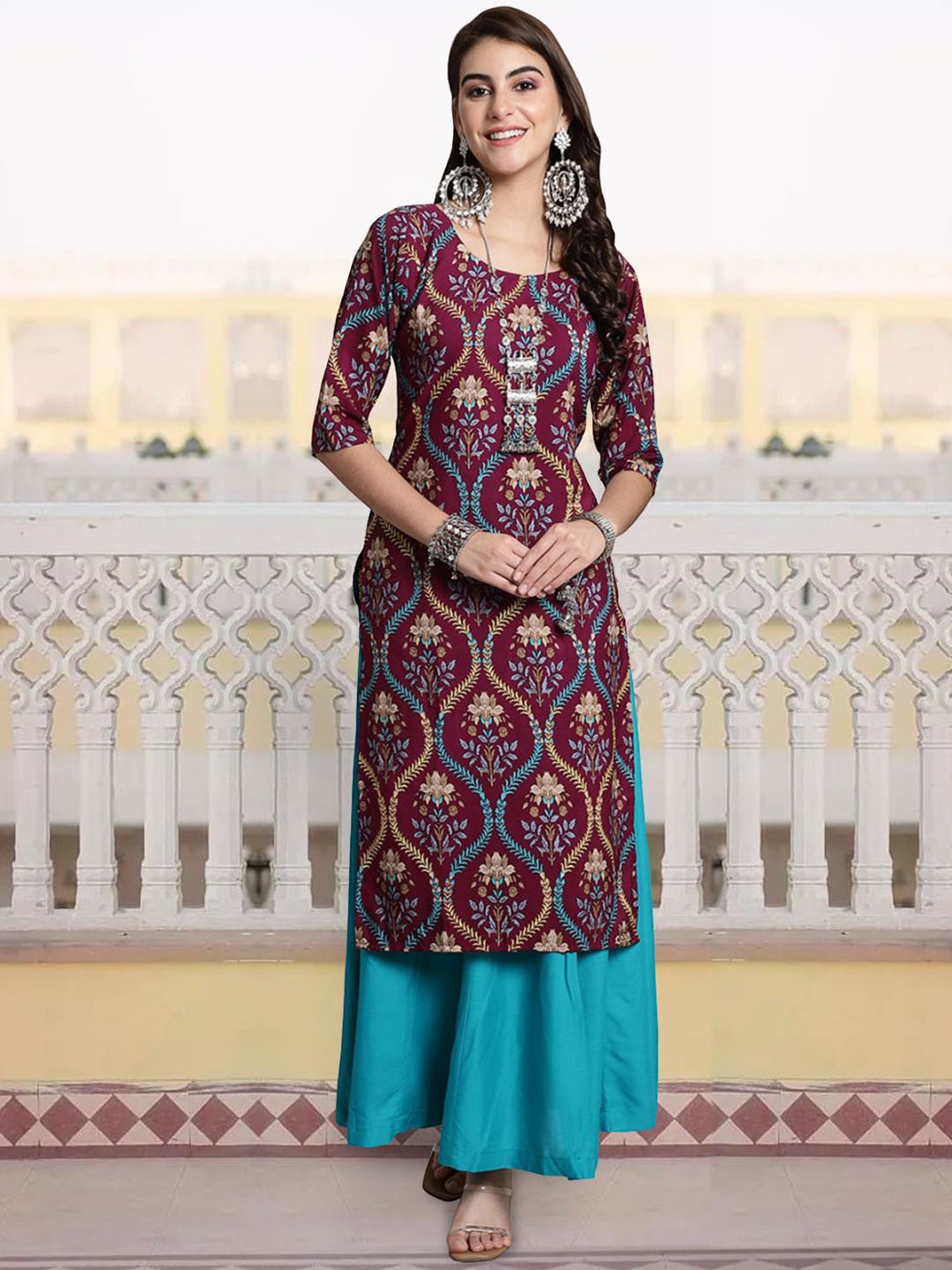 

7Threads Ethnic Motifs Printed Round Neck Crepe Straight Kurta, Maroon