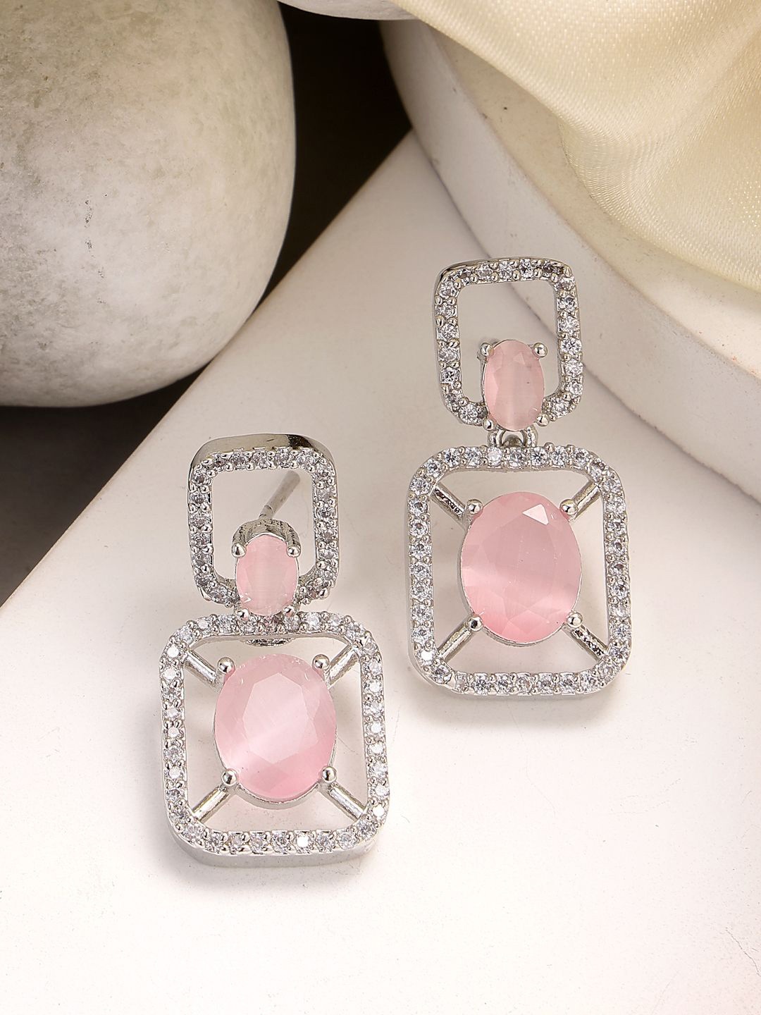 

ZENEME Rhodium Plated American Diamond Studded Drop Earrings, Pink