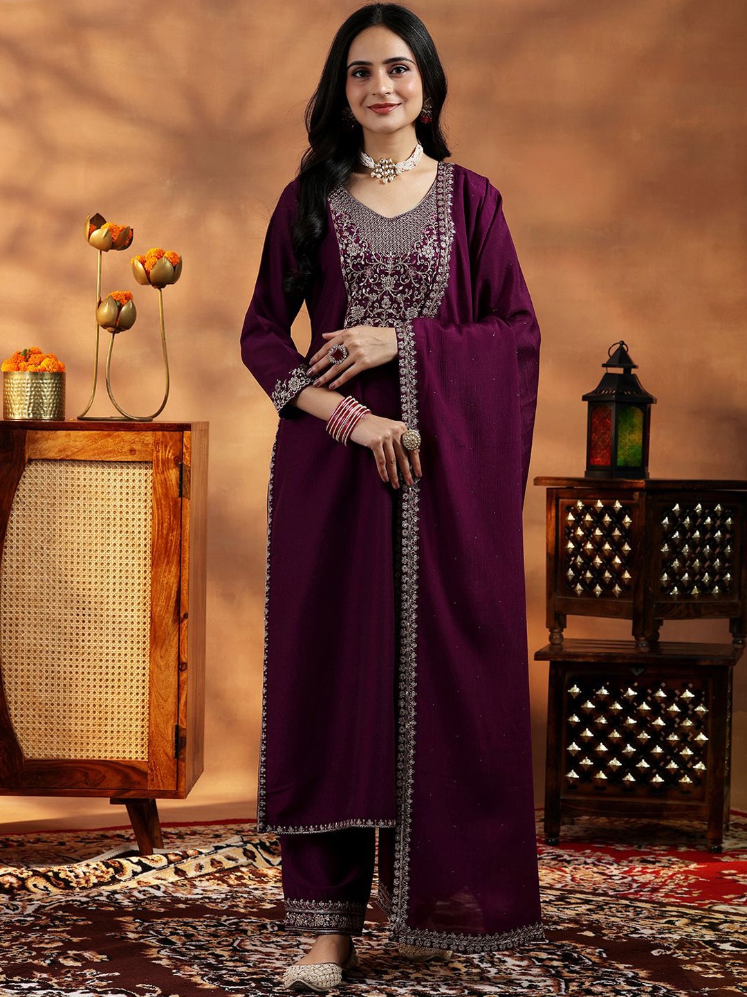 

Libas Floral Embroidered Yoke Design Zari A Line Kurta with Trousers & Dupatta, Burgundy