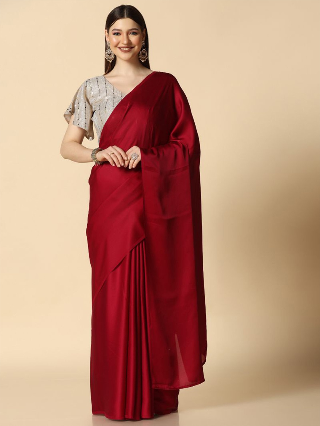 

ASISA Solid Satin Saree With Blouse Piece, Red