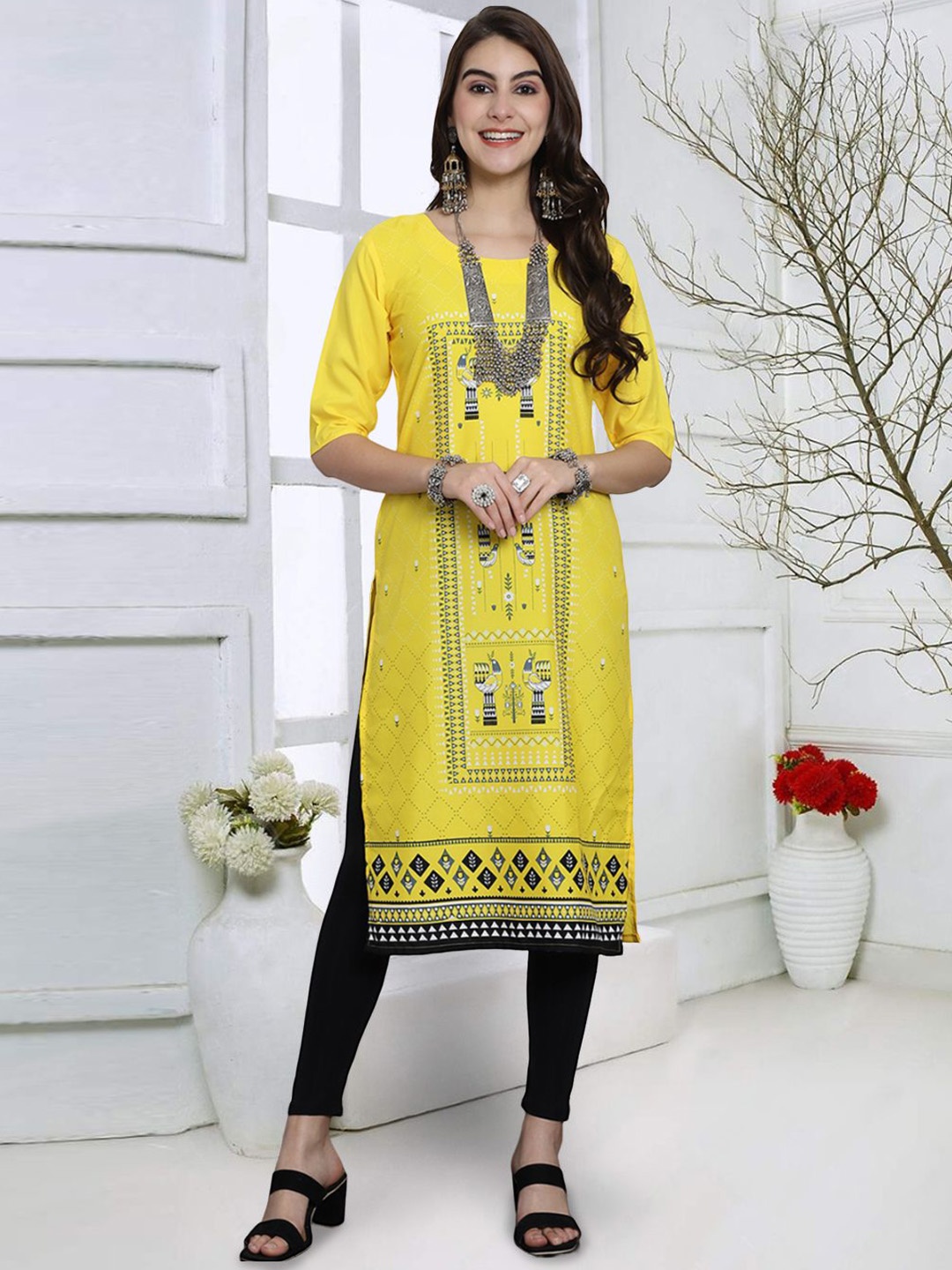 

7Threads Ethnic Printed Round Neck Straight Kurta, Yellow