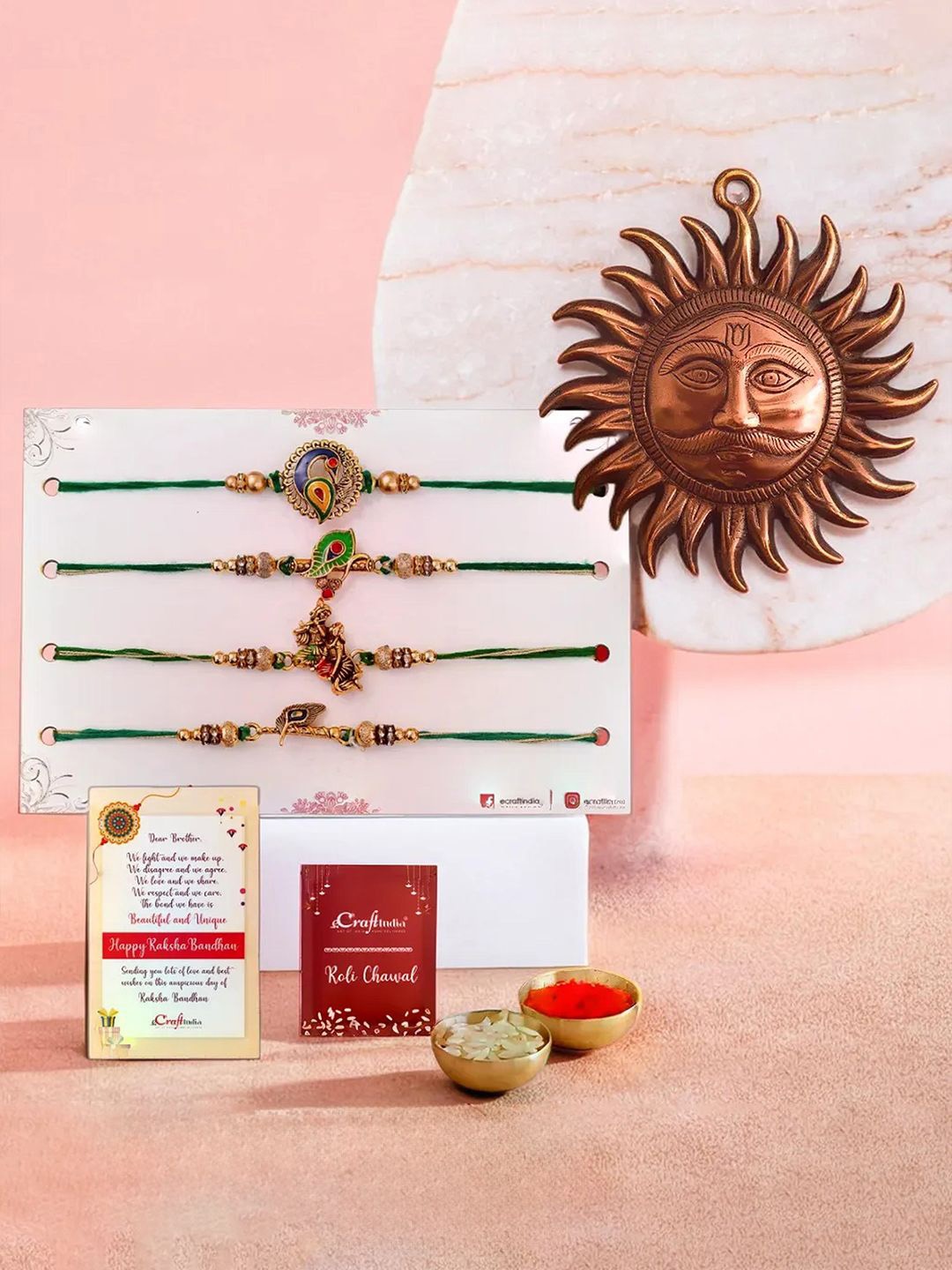 

eCraftIndia Set of 5 Beaded Rakhis With Sun Wall Hanging Showpiece, Gold