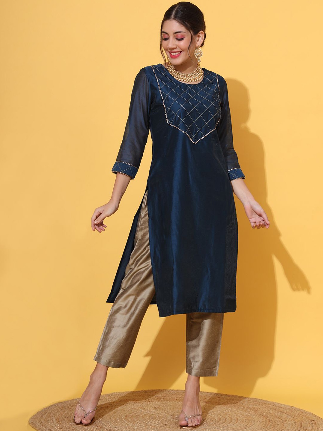 

DECKEDUP Gotta Patti Chanderi Cotton Straight Kurta With Trouser, Navy blue