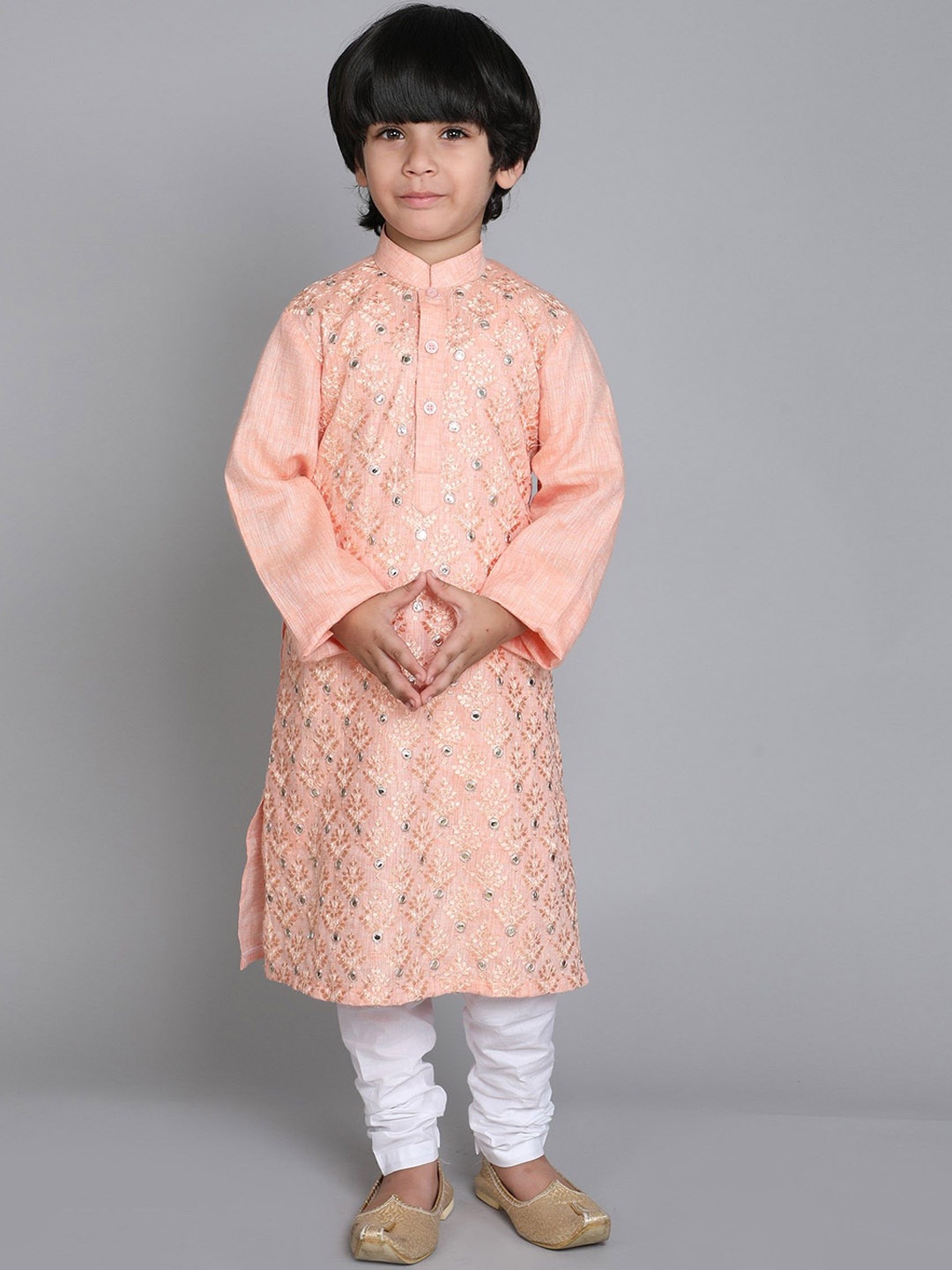 

Little Clothings Boys Floral Embroidered Mirror Work Linen Straight Kurta With Pyjamas, Peach