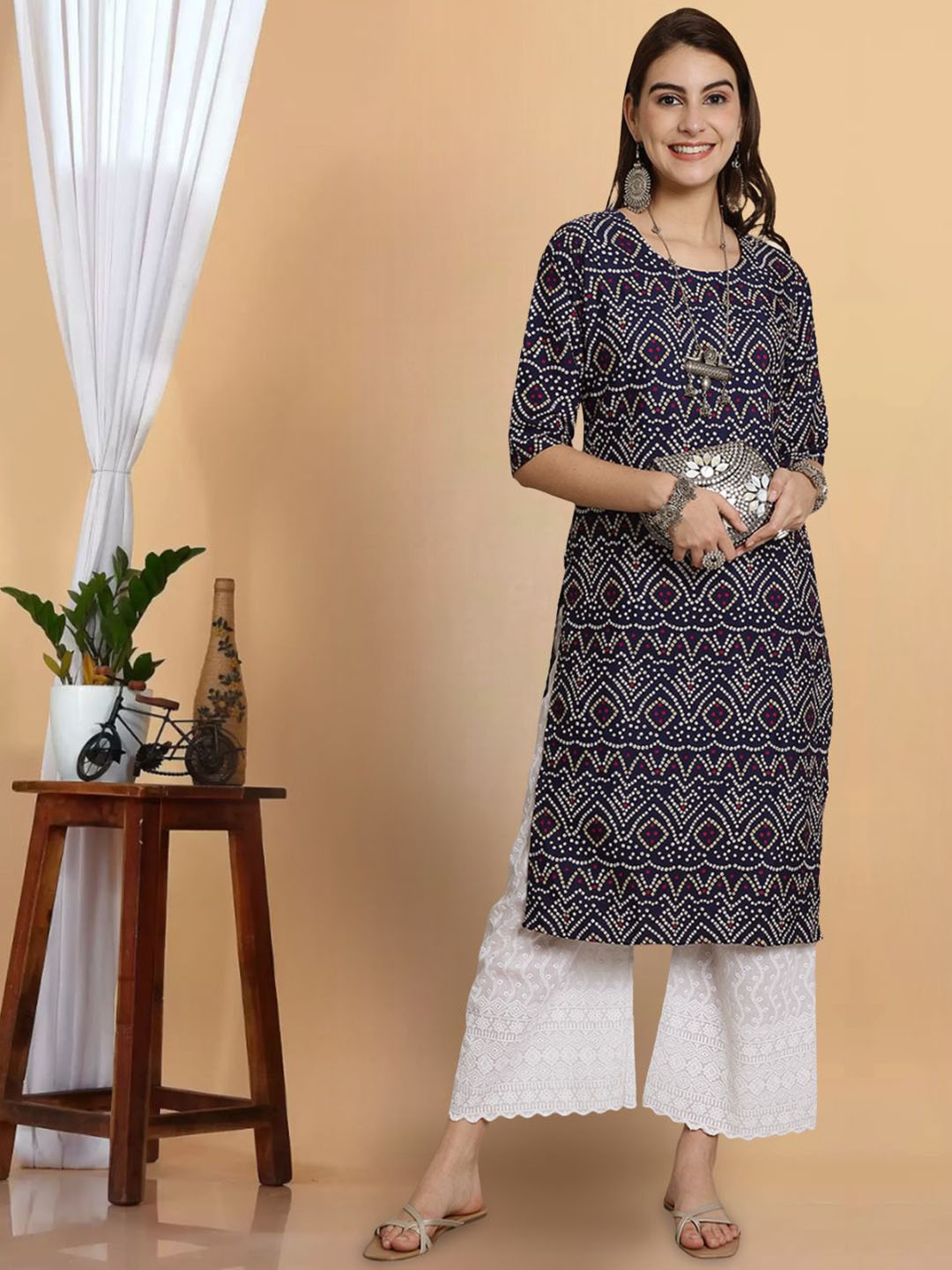 

7Threads Bandhani Printed Round Neck Straight Kurta, Navy blue