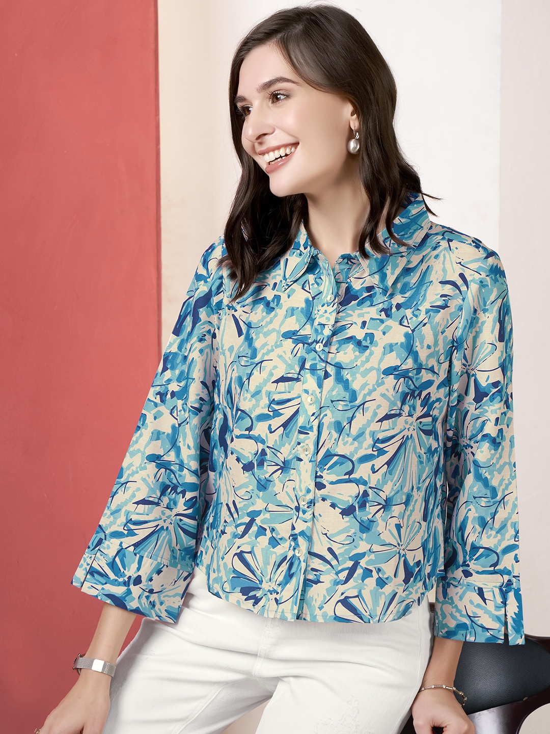 

Anouk Women Floral Printed Shirt Collar Top, Blue