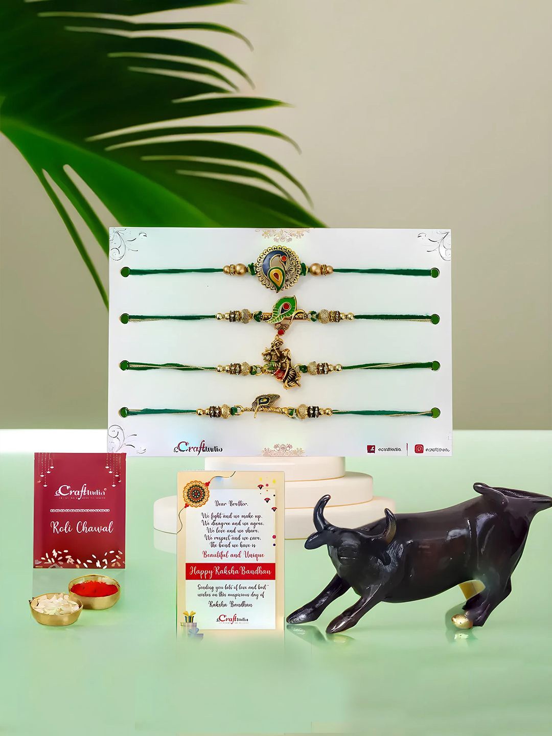 

eCraftIndia Set Of 4 Rakhi Statue Greeting Card & Roli Chawal, Gold